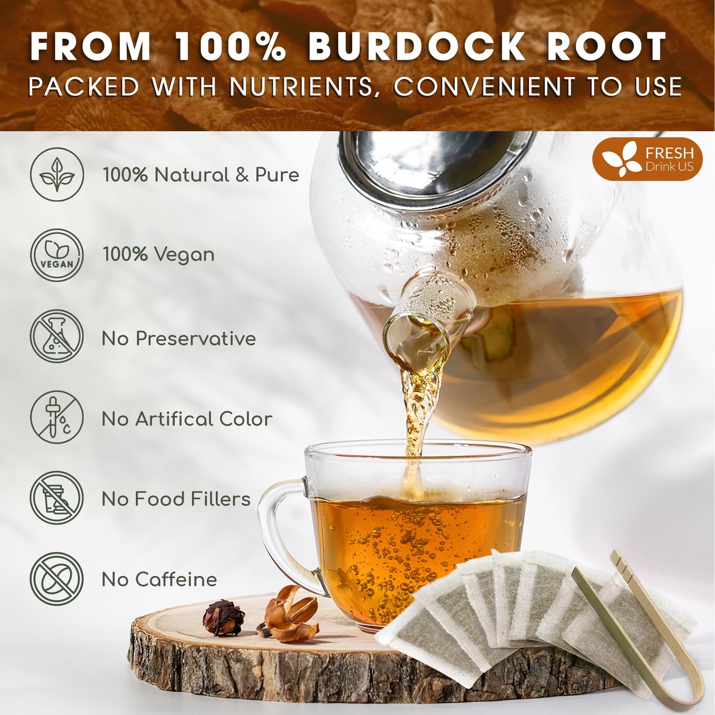 FRESHDRINKUS Burdock Root Tea Bags, 100% Natural & Pure, 75 Count, No Sugar, No Caffeine, Vegan