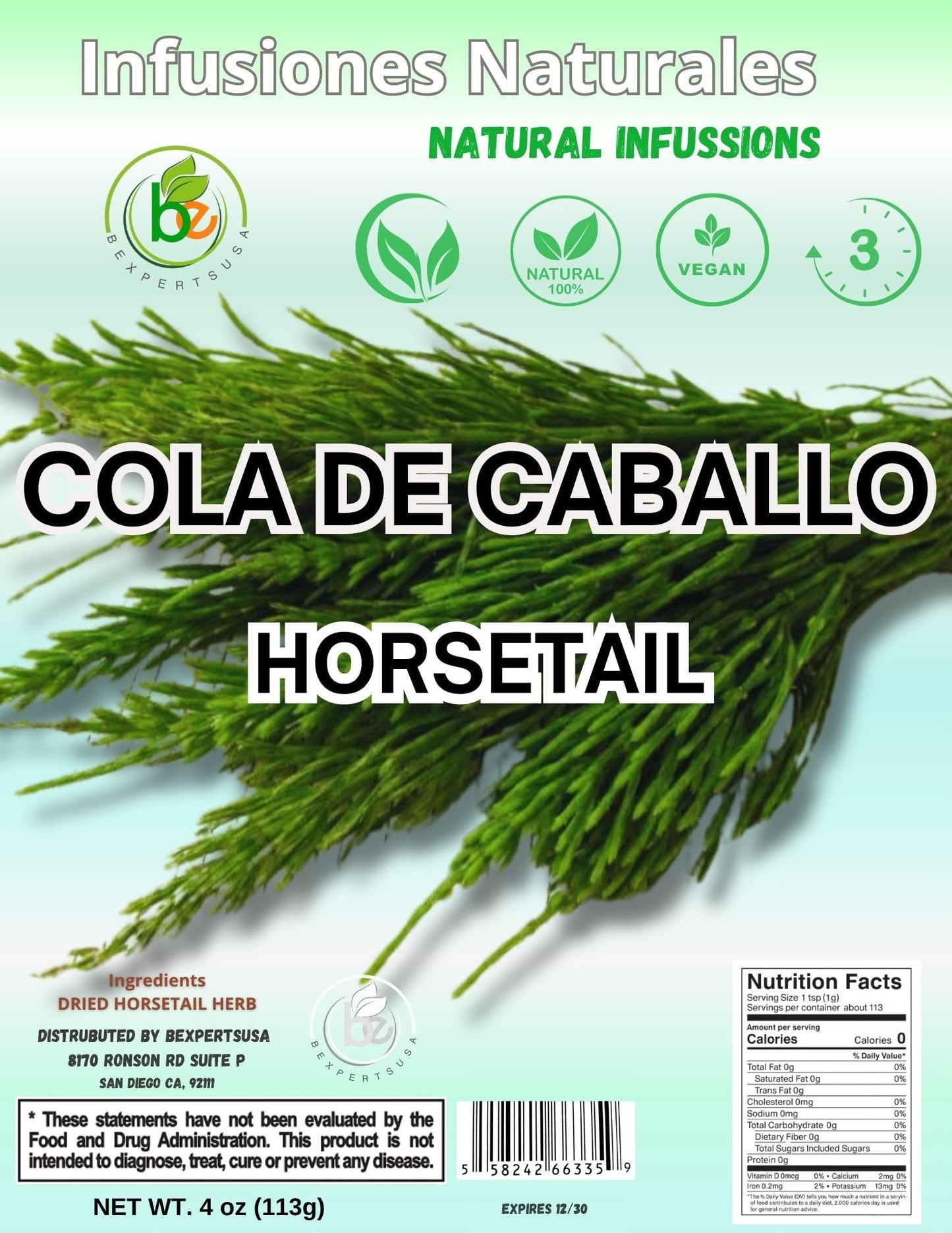 Cola de Caballo Herbal Tea - 4 oz (113 g) - 100% Natural Horsetail Loose Leaf Tea (Shave Grass) - Traditional Mexican Remedy - Caffeine-Free  Vegan  Non-GMO  Gluten-Free - by BexpertsUSA