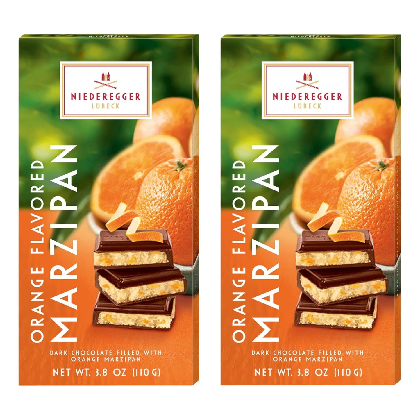 Niederegger Dark Chocolate Orange Marzipan Bar 110G/3.8 Oz | Covered With Crisp Dark Chocolate. | Authentic. Top-Grade | Handcrafted In Germany Since 1806 | Pack Of 2