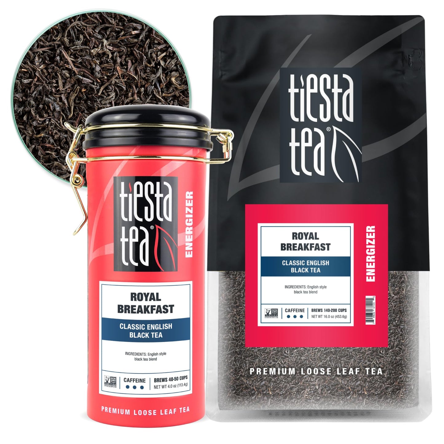 Tiesta Tea Royal Breakfast Loose Leaf Black Tea, High Caffeine Blend, 16oz Bulk Pouch & 4oz Tin, Model 23-042
