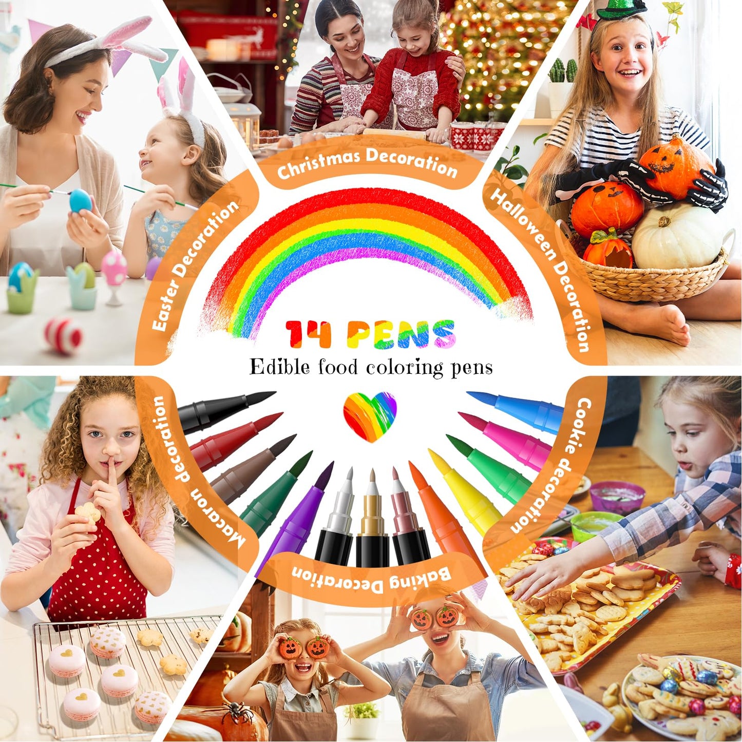 Jewem Edible Markers For Cookie Decorating,14 Pcs Ultra Fine Tip(0.5Mm) Food Coloring Pens, Upgrade Double Side Food Grade Pens For Decorating Fondant Cakes, Easter Eggs, Frosting, Macaron