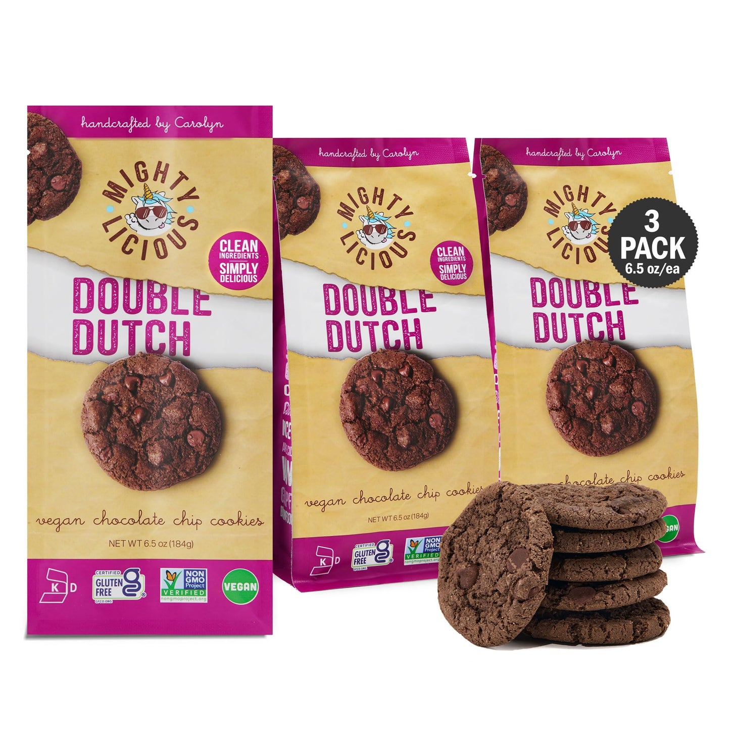 Mightylicious Vegan Double Dutch Chocolate Chip Cookies – Gluten-Free, Allergen Friendly – 6.5 Oz (3 Pack) – Brown