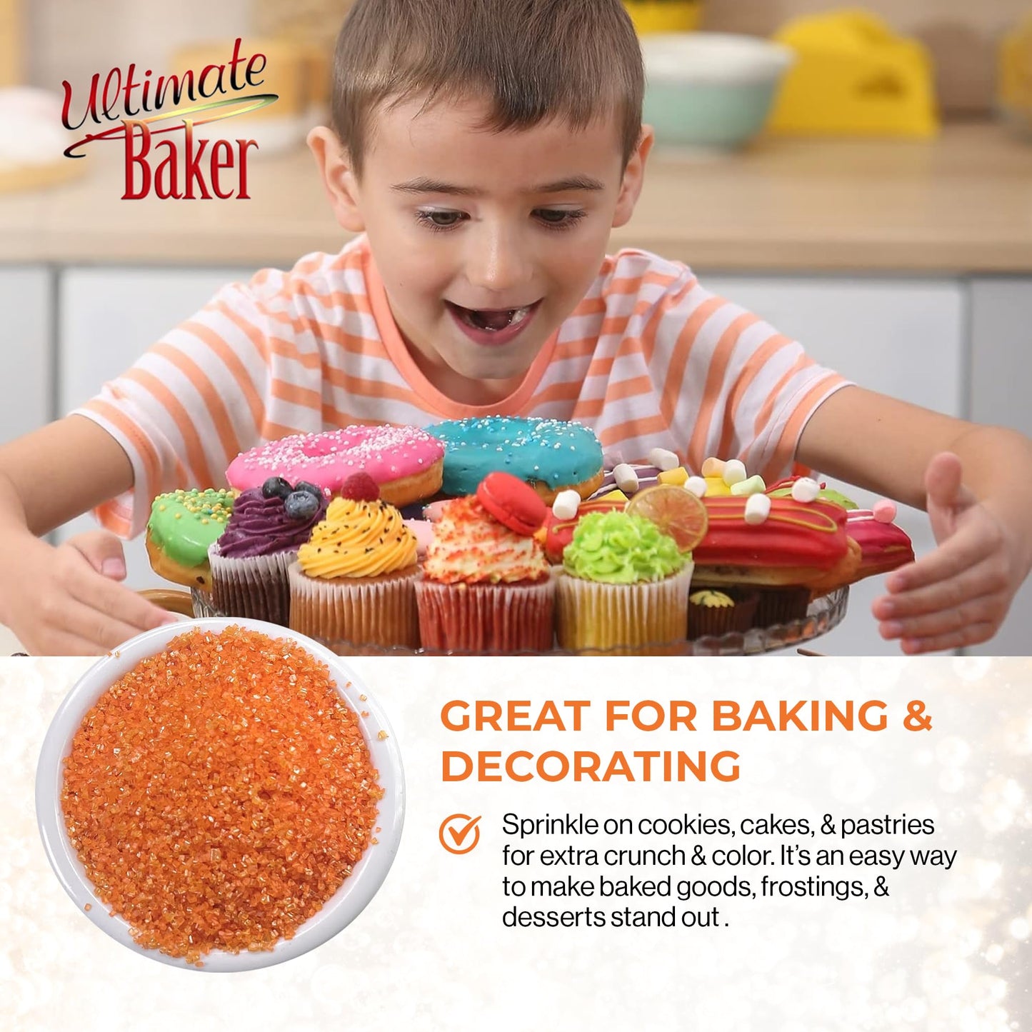 Ultimate Baker - Sanding Sugar, Orange - Vibrant Color Baking & Decorating Sugar With Premium Texture For Desserts & Confections