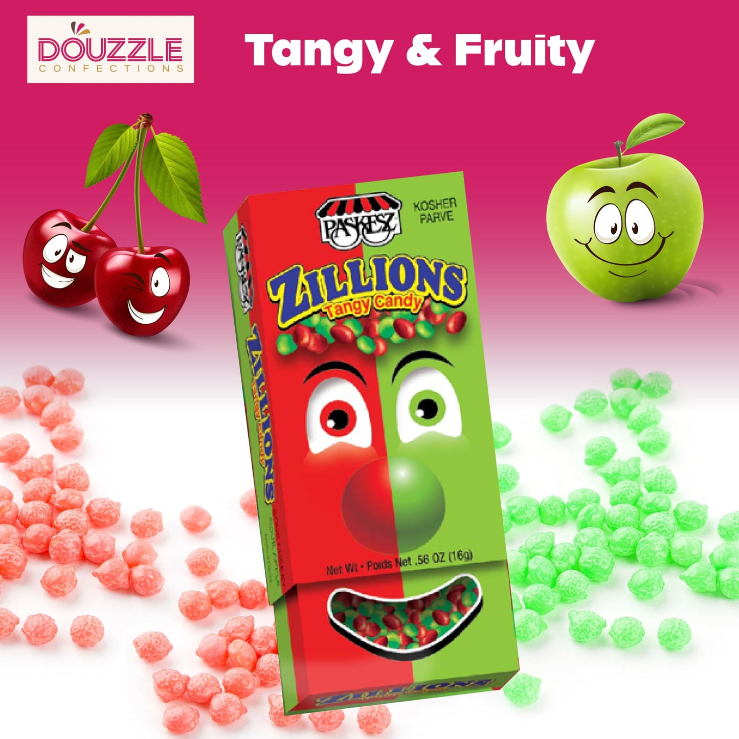 Douzzle Zillions Tangy Candy, Sour Cherry & Sour Apple (10 Count, Pack Of 1) Individually Wrapped Candies, Birthday Party Favors