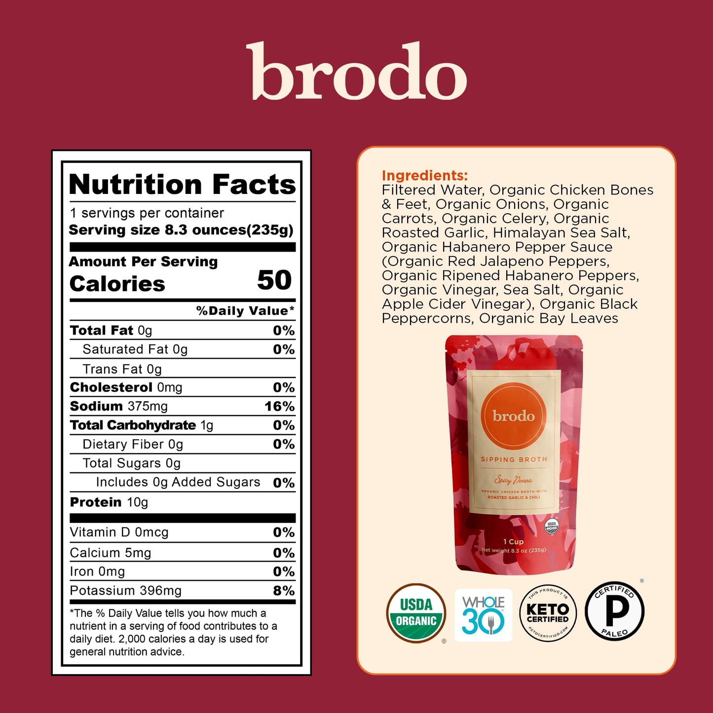 Brodo Broth Variety Pack | 1 Chicken, 1 Hearth, 1 Deeply Rooted, 1 Spicy Nonna, 1 Tom Yum, 1 Tuscan Sun Single Serving Pouches |