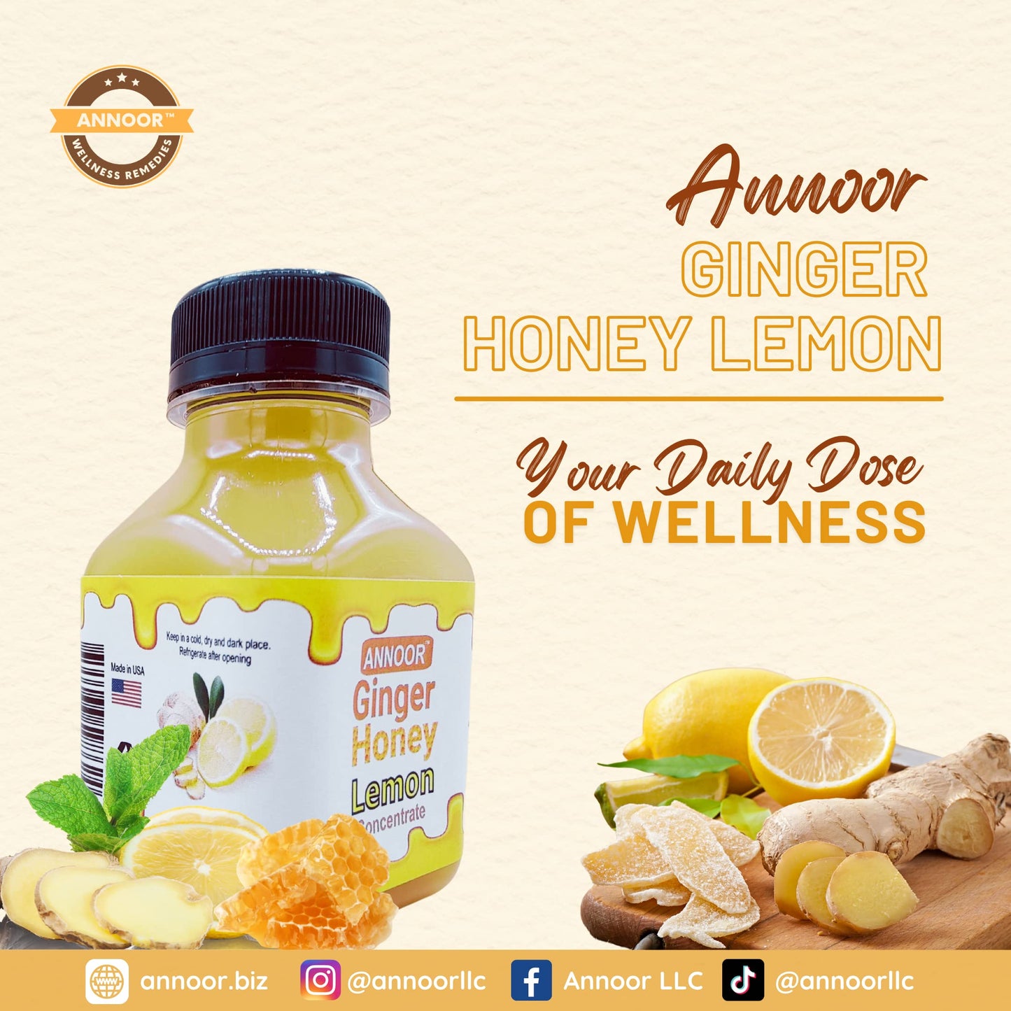 Annoor Ginger Lemon & Honey Concentrate Juice | 8.5 Fl Oz | No Pulp | Easy to Mix | Yellow