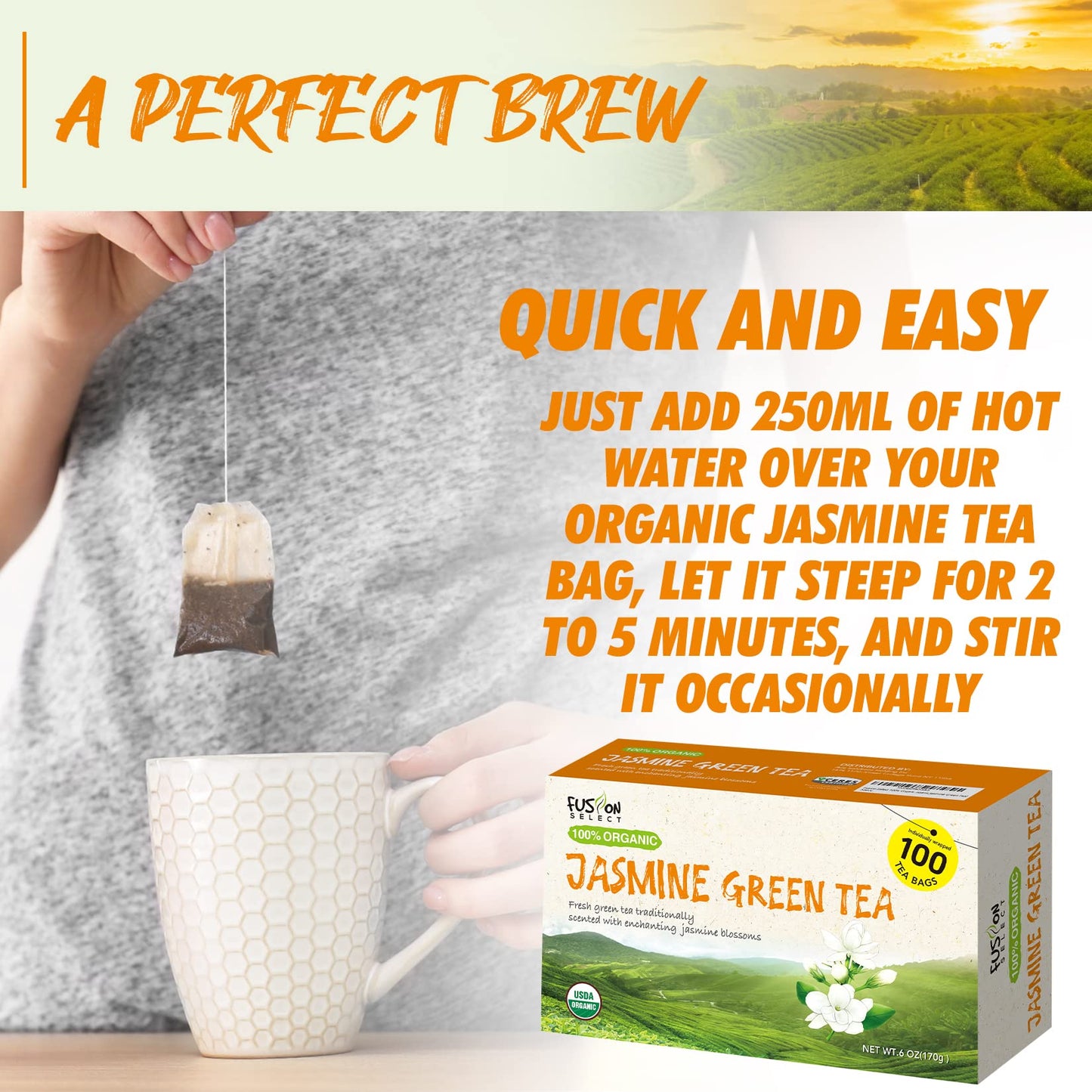 Fusion Organic Jasmine Green Tea - Fresh & Relaxing 100 Jasmine Tea Bags Blend Traditionally Scented with Jasmine Blossoms, Refr