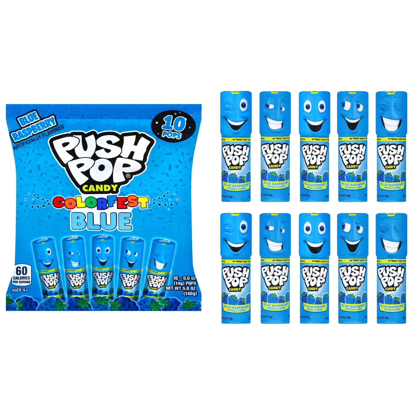 Push Pop Halloween Candy - Individually Wrapped Bulk Blue Lollipops - 10 Ct Hard Candy In Blue Raspberry Flavor, Fun Candy For K