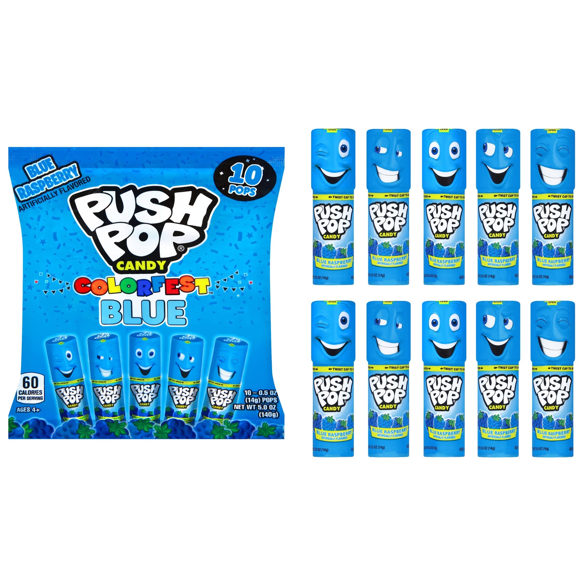 Push Pop Halloween Candy - Individually Wrapped Bulk Blue Lollipops - 10 Ct Hard Candy In Blue Raspberry Flavor, Fun Candy For K