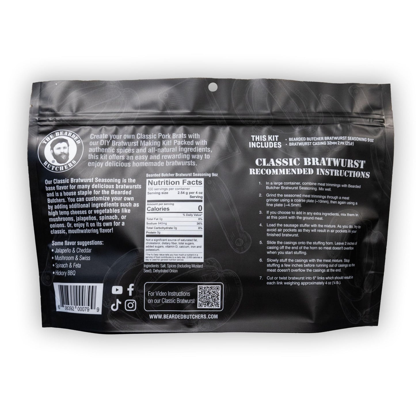 Bearded Butchers Diy Classic Bratwurst Kit - Seasons Up To 25 Lbs Of Meat For Authentic Homemade Brats - Use As A Base For Custo
