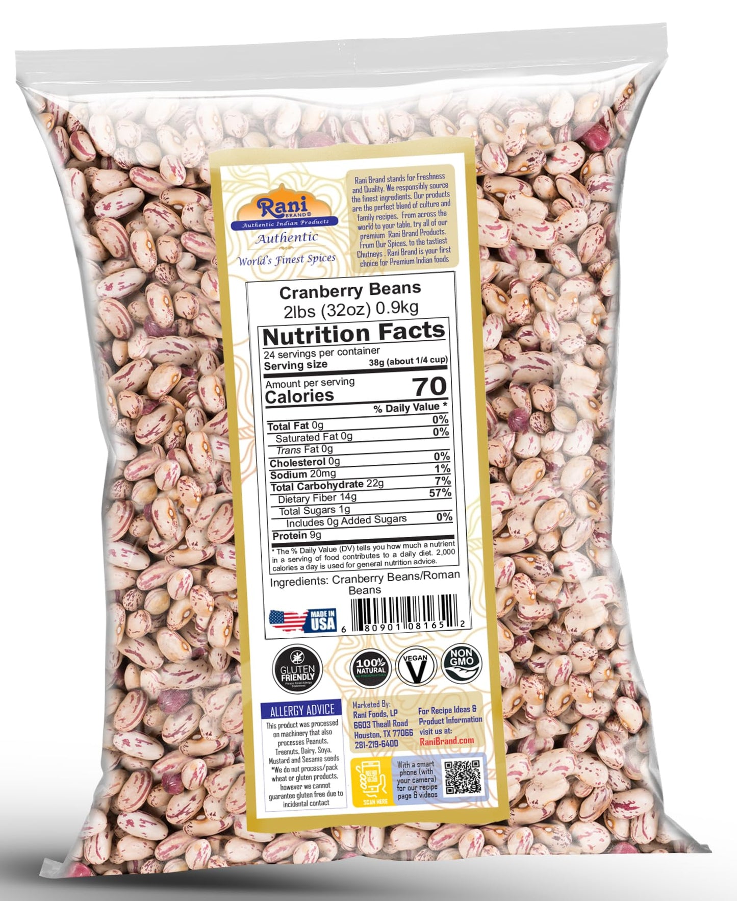 Rani Cranberry Beans (Roman Beans) 32Oz (2Lbs) 908G ~ All Natural | Vegan | Gluten Friendly | Non-Gmo | Kosher | Product Of Usa