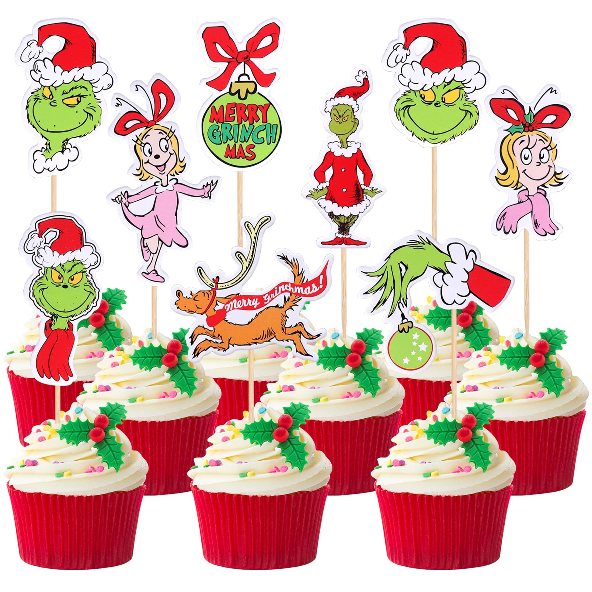 36 Pcs Christmas Cupcake Toppers Assembled Double Sided Merry Christmas Cupcake Picks For Christmas Theme Baby Shower Girls Birt
