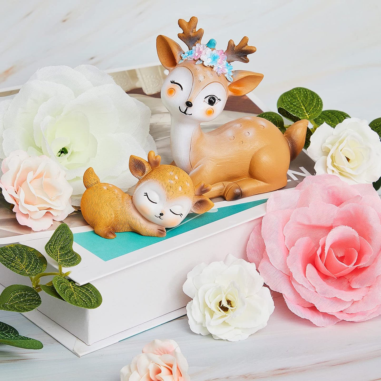 12 Pcs Woodland Deer Figurines Cake Toppers Baby Deer Cake Topper Baby Cake Decorations With Faux Flowers Eucalyptus For Baby Sh