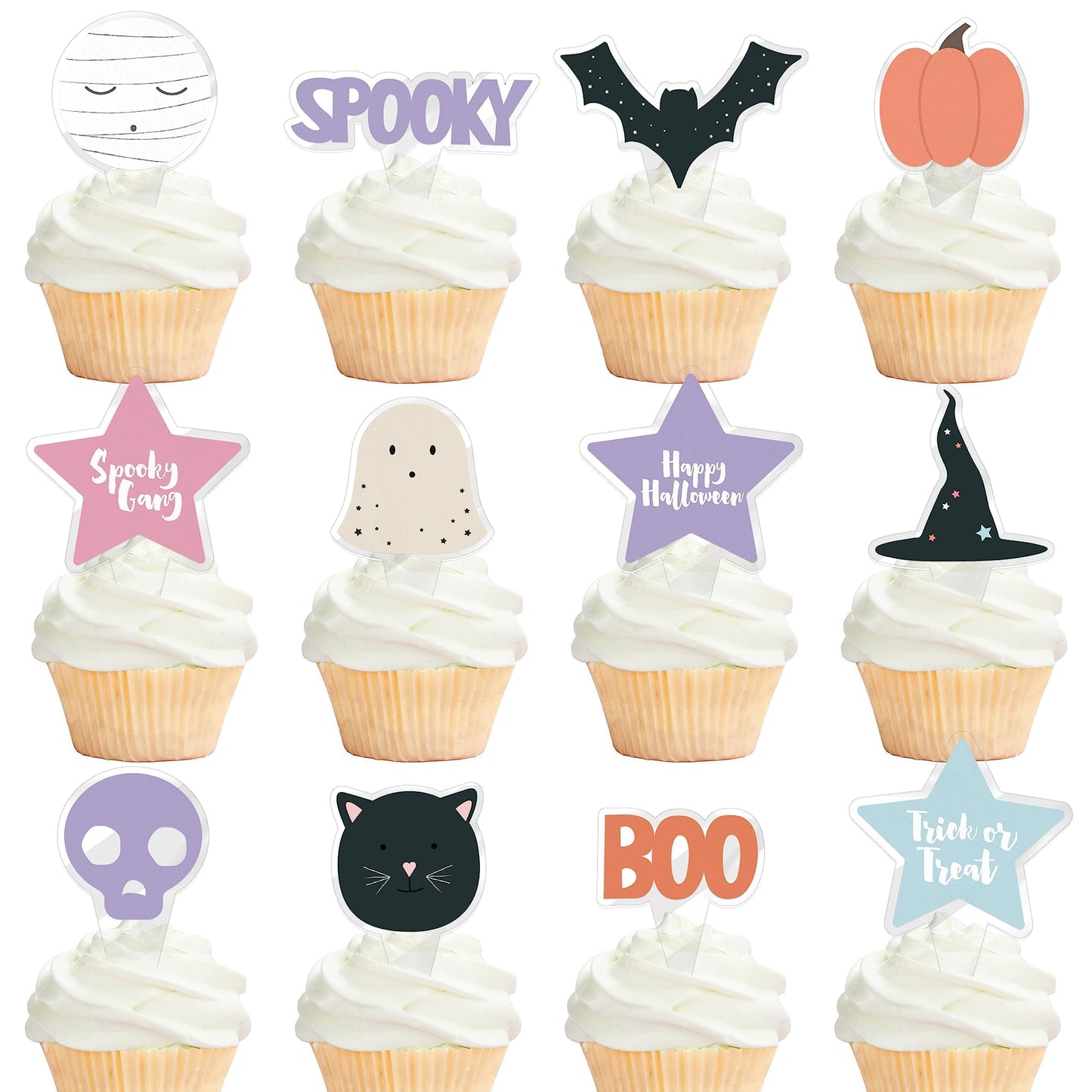 Cheerland Halloween Cupcake Toppers, Plastic, Pastel, 2x2 inches, Cute Pumpkin Ghost Bat Cat Witch Hat Decorations