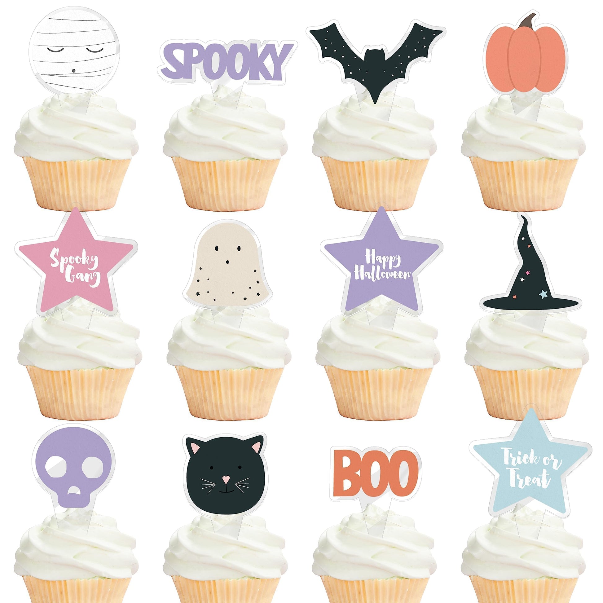 Cheerland Halloween Cupcake Toppers, Plastic, Pastel, 2x2 inches, Cute Pumpkin Ghost Bat Cat Witch Hat Decorations