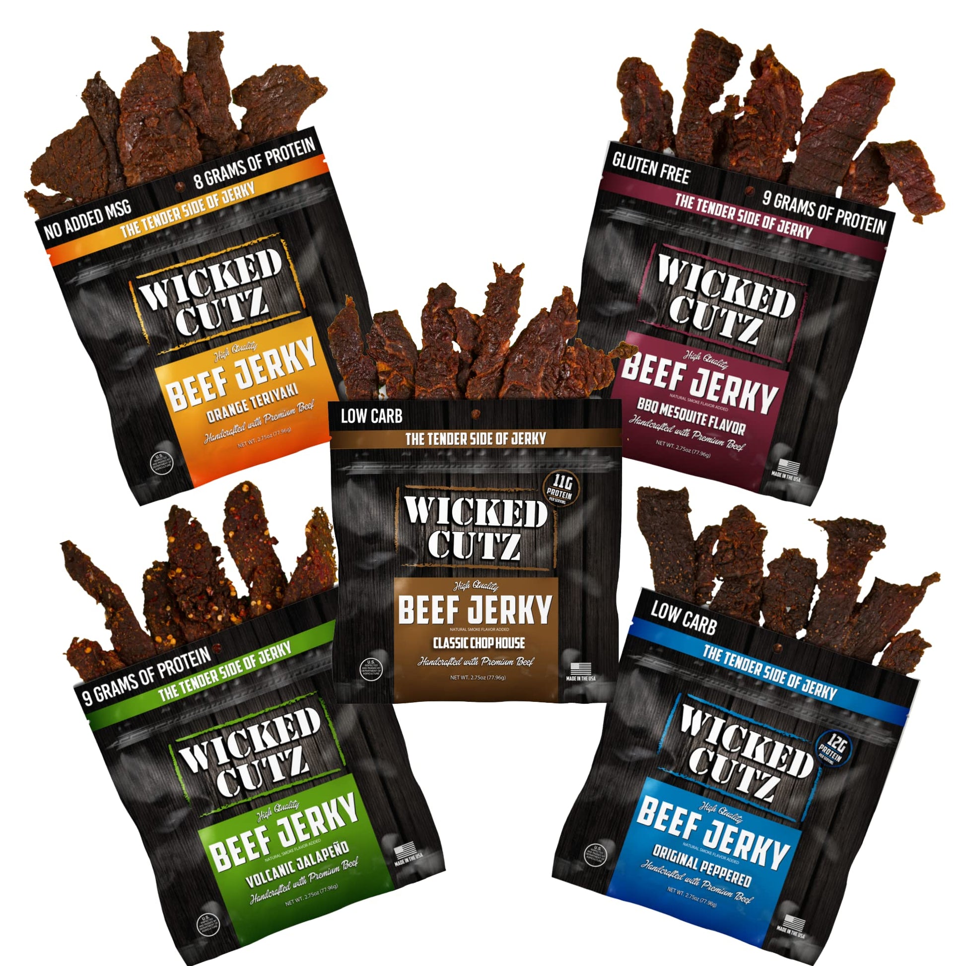 Wicked Cutz Beef Jerky Variety Pack, 5 Bags, 2.75 oz Each, High Protein, Low Carb, Healthy Snacks