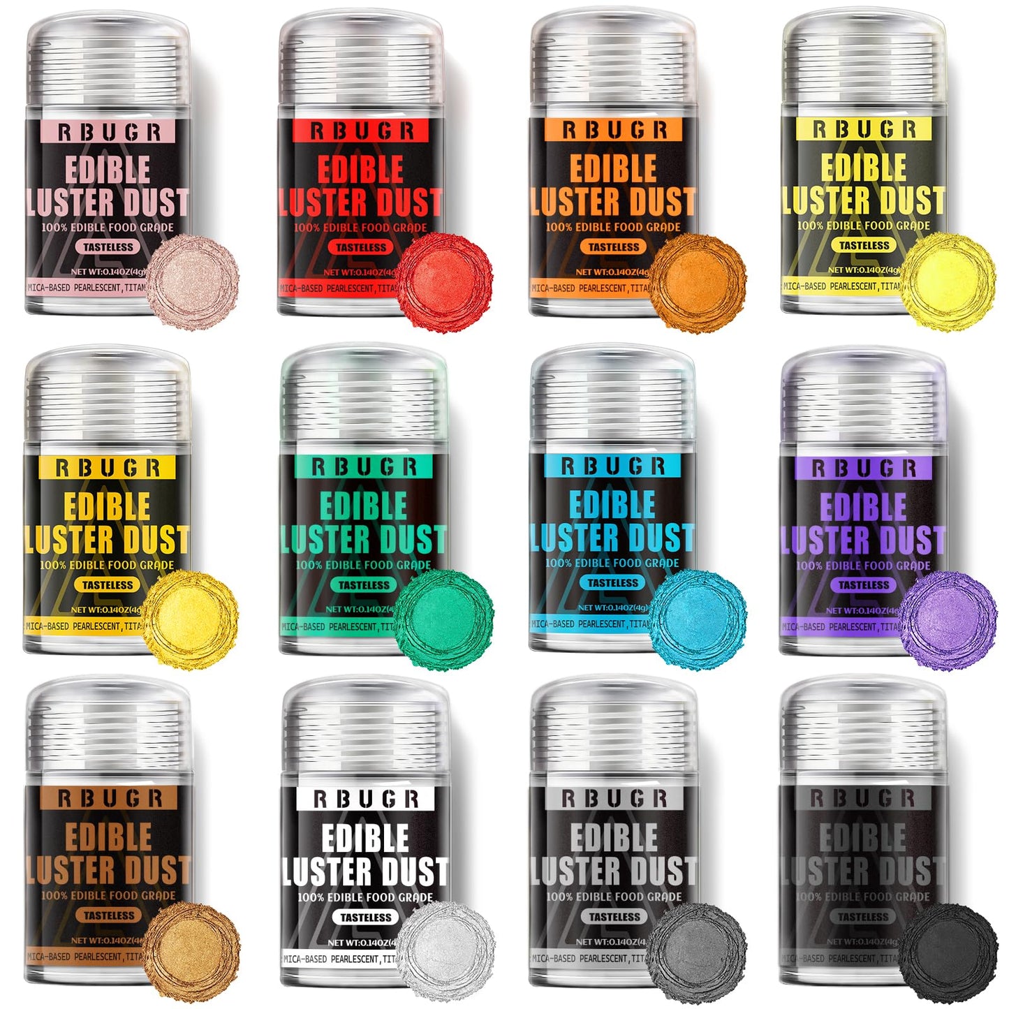 RBUGR Edible Glitter Pack, 12 Colors Vegan Shimmer Dust, 4g Each, Multicolor-Style3