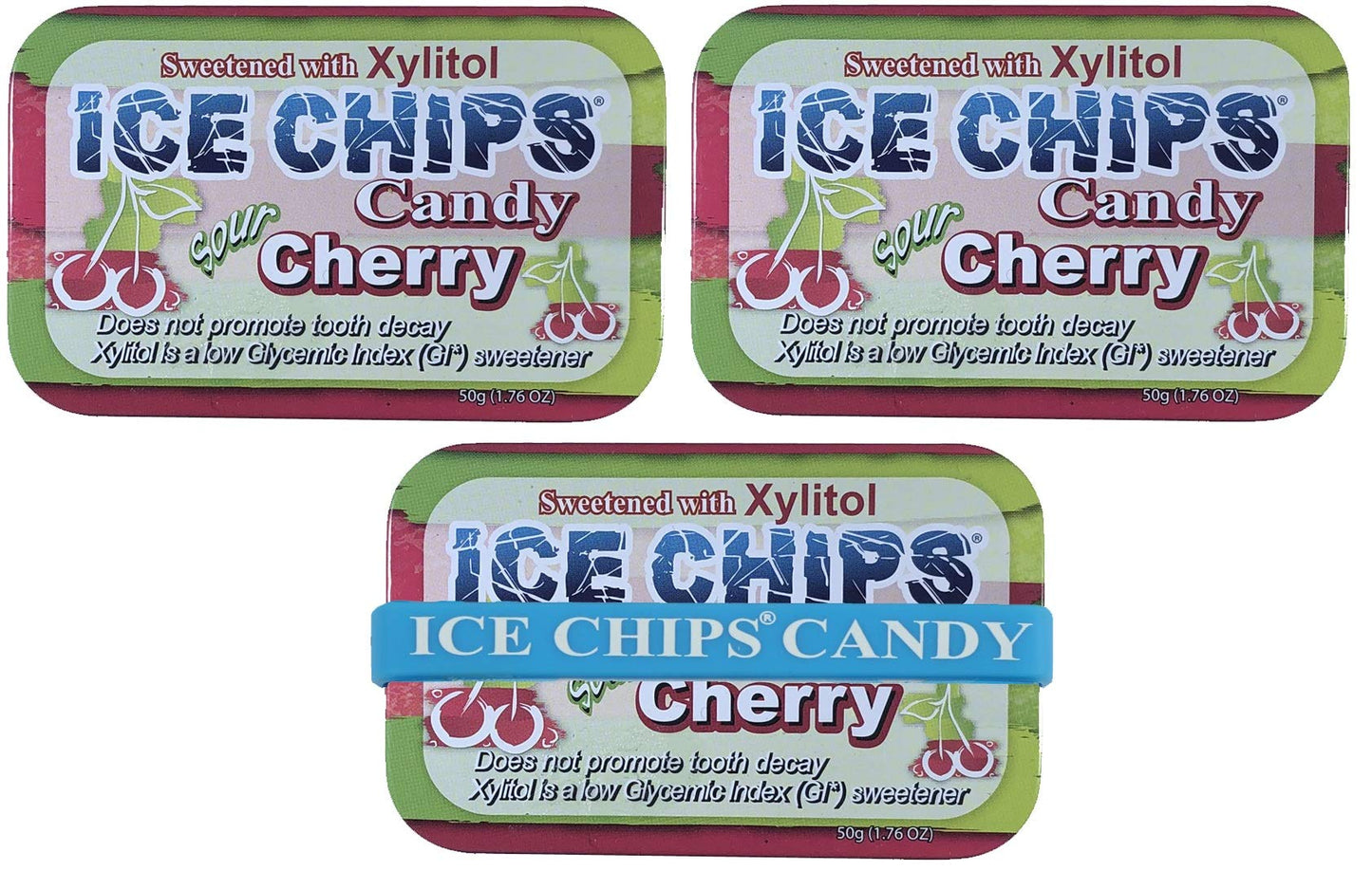 Ice Chips Xylitol Candy Tins (Sour Cherry, 3 Pack) - Includes Band As Shown