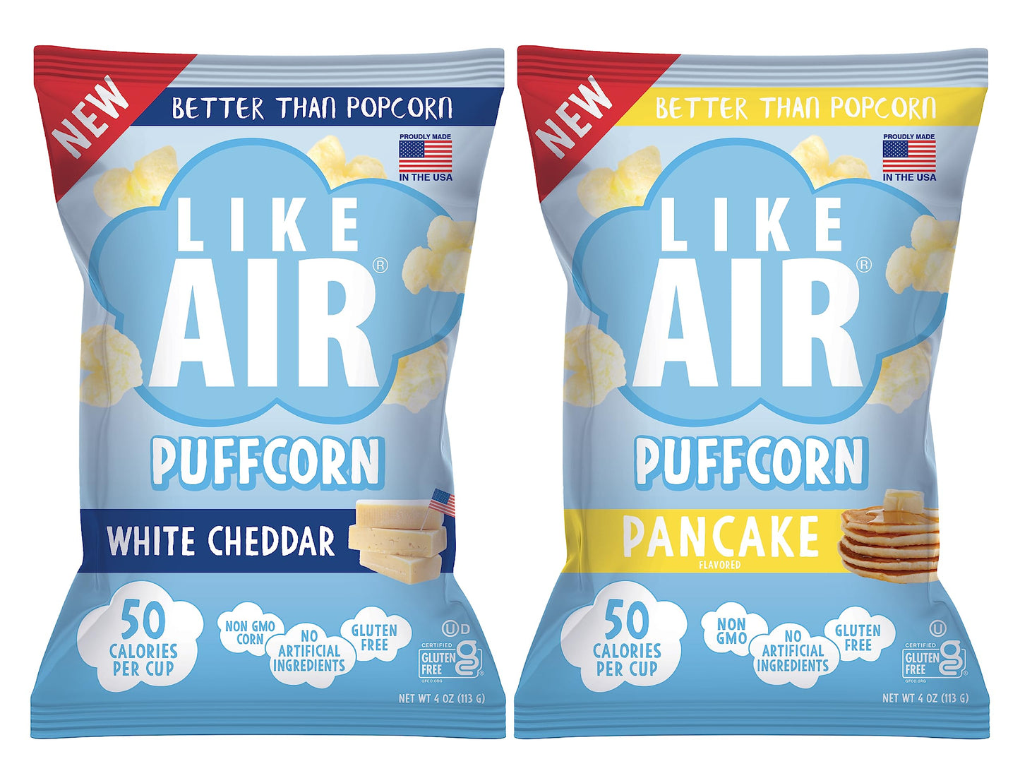 Like Air Puffcorn (Combo Pack: Cheddar & Pancake) | 2 4oz Bags | 50 Calories Per Cup | Gluten Free | Nothing Artificial