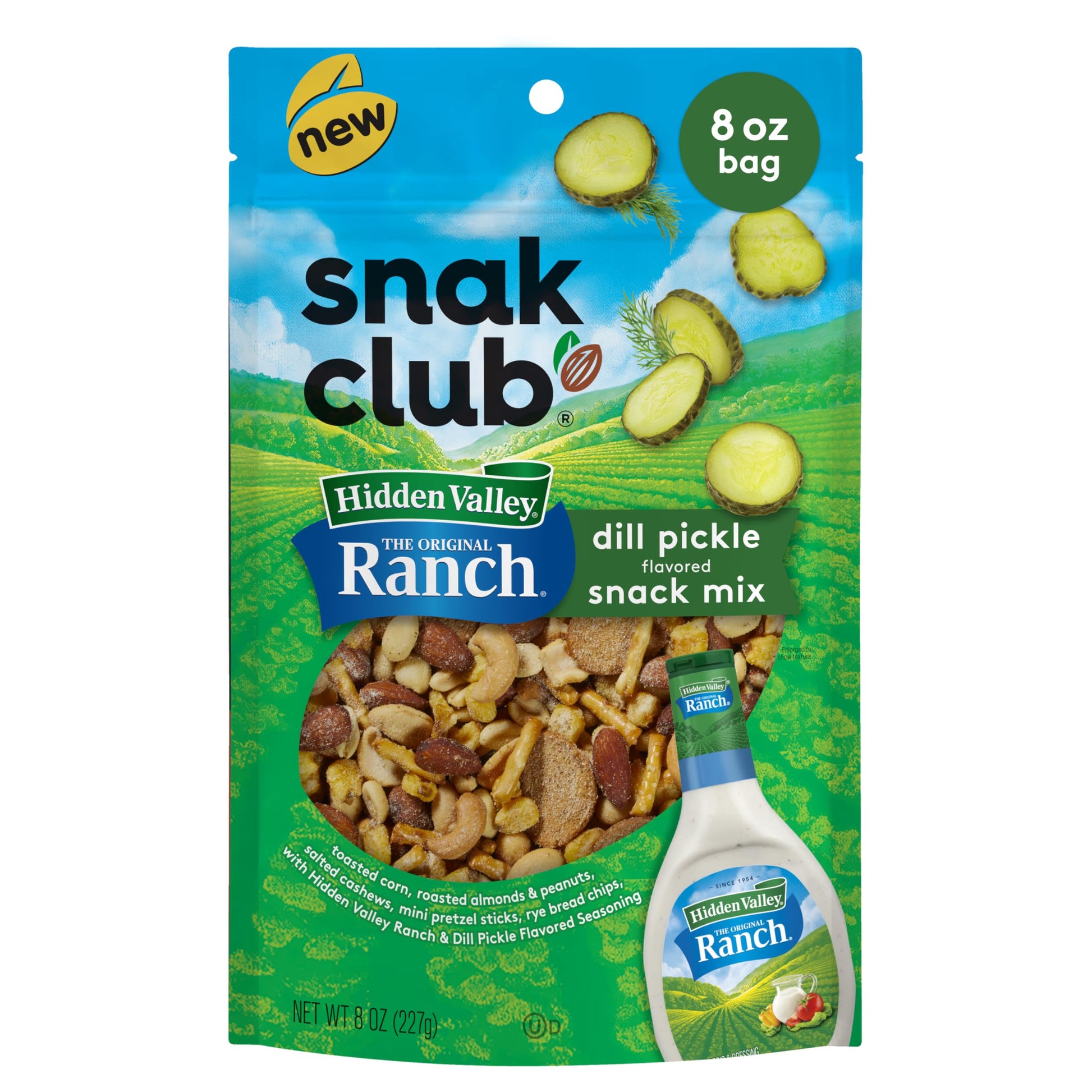 Snak Club Hidden Valley Ranch And Dill Pickle Flavored Snack Mix, Toasted Corn, Roasted Almonds, Peanuts, Salted Cashews, Mini Pretzel Sticks, Rye Bread Chips, 8 Oz Resealable Bag