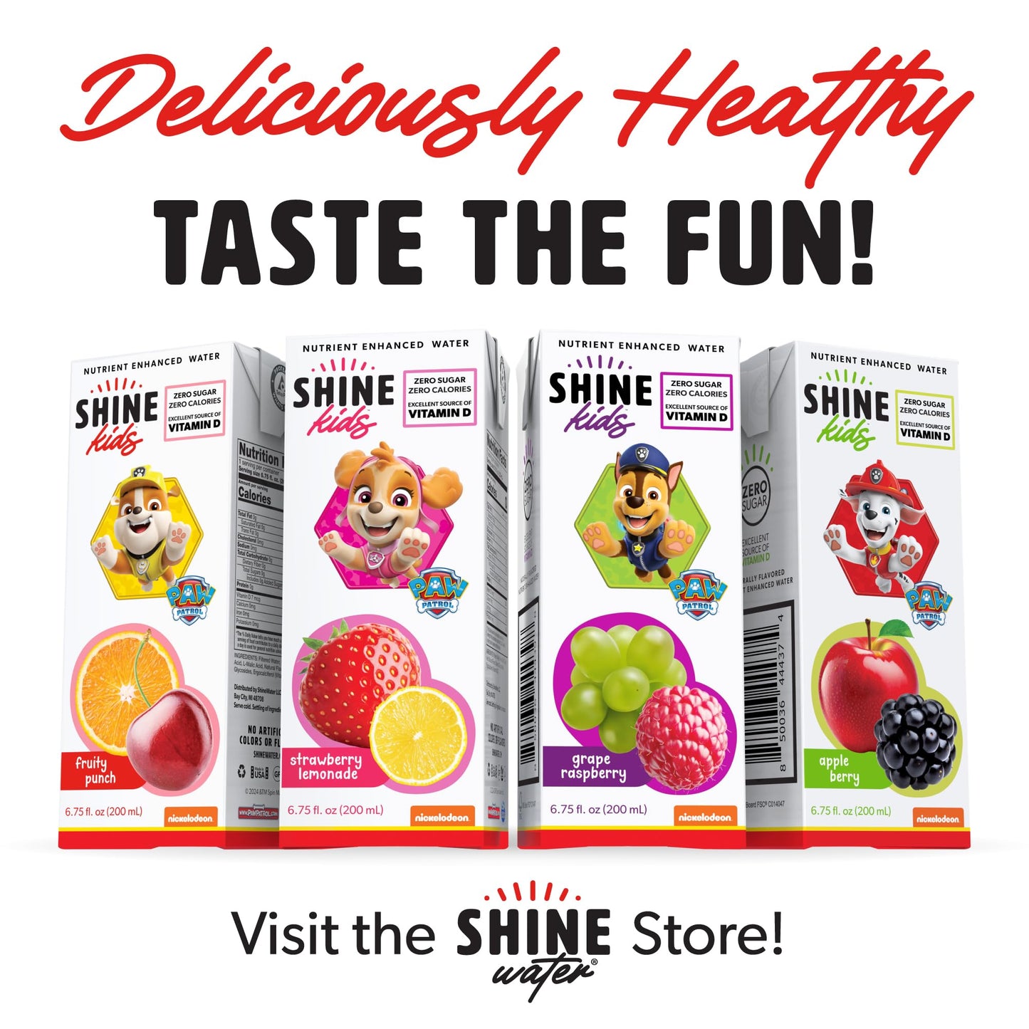 Shinekids X Paw Patrol Vitamin D Juice Box Healthy Drinks For Kids, Fruity Punch, 32 Pack, Sugar Free Kids Juice Boxes, 0 Calori