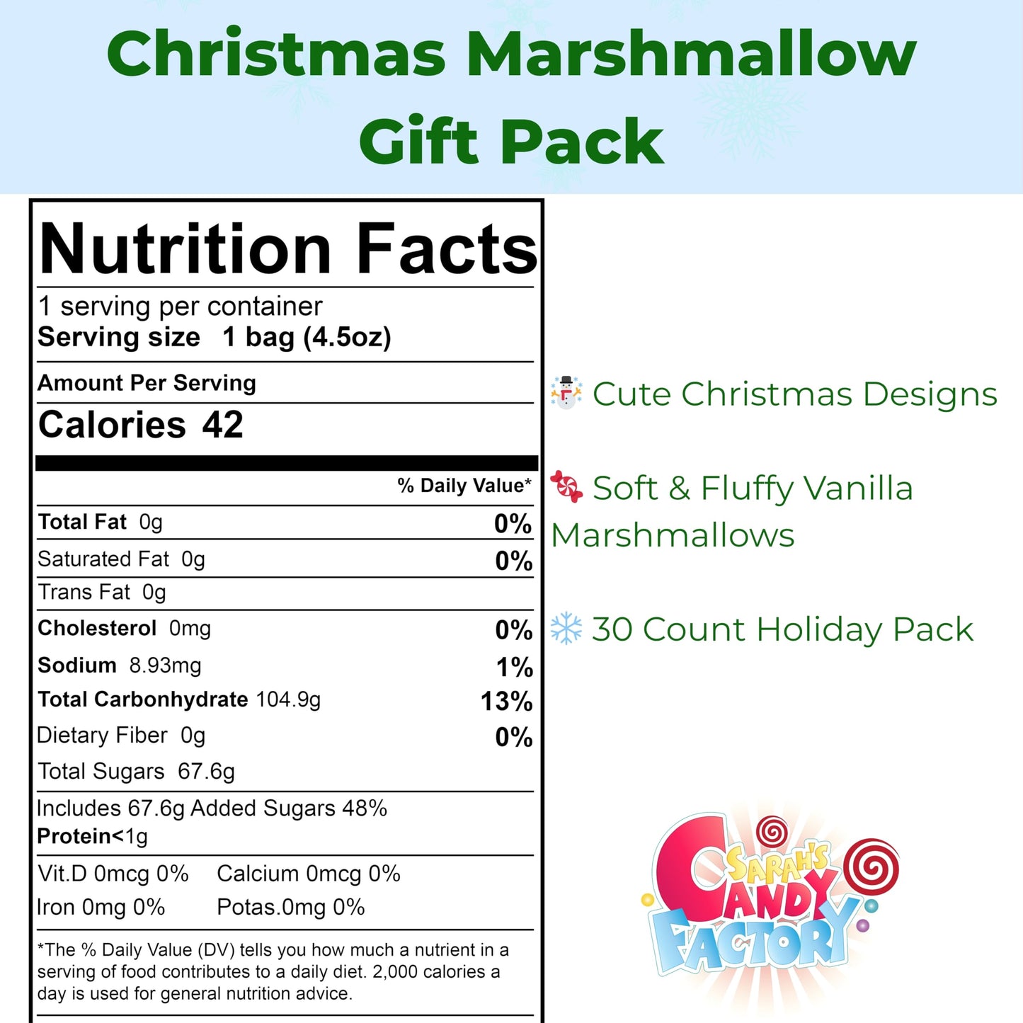 30 Count Christmas Marshmallow Gift Pack, Soft & Fluffy Vanilla Marshmallows, Festive Holiday  , Cute Snowman Packaging, Perfect For Gifting, Hot Chocolate, & Stocking Stuffers, 4.5 Oz 30 Count