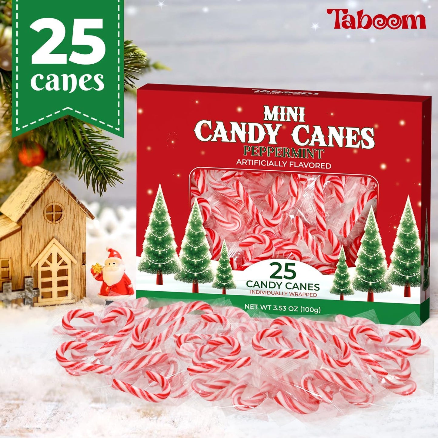 Taboom Mini Candy Cane 25 Pack - Red & White Peppermint Candy Canes for Holiday Gifts, Stocking Fillers & Party Favors