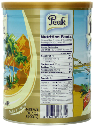 Peak Whole Milk Powder, 2 Pound (900G) Can - European Milk From Holland, Rbst Free, Full Rich Flavor, Dissolves Instantly, Long Shelf Life, Premium Full Fat Quality