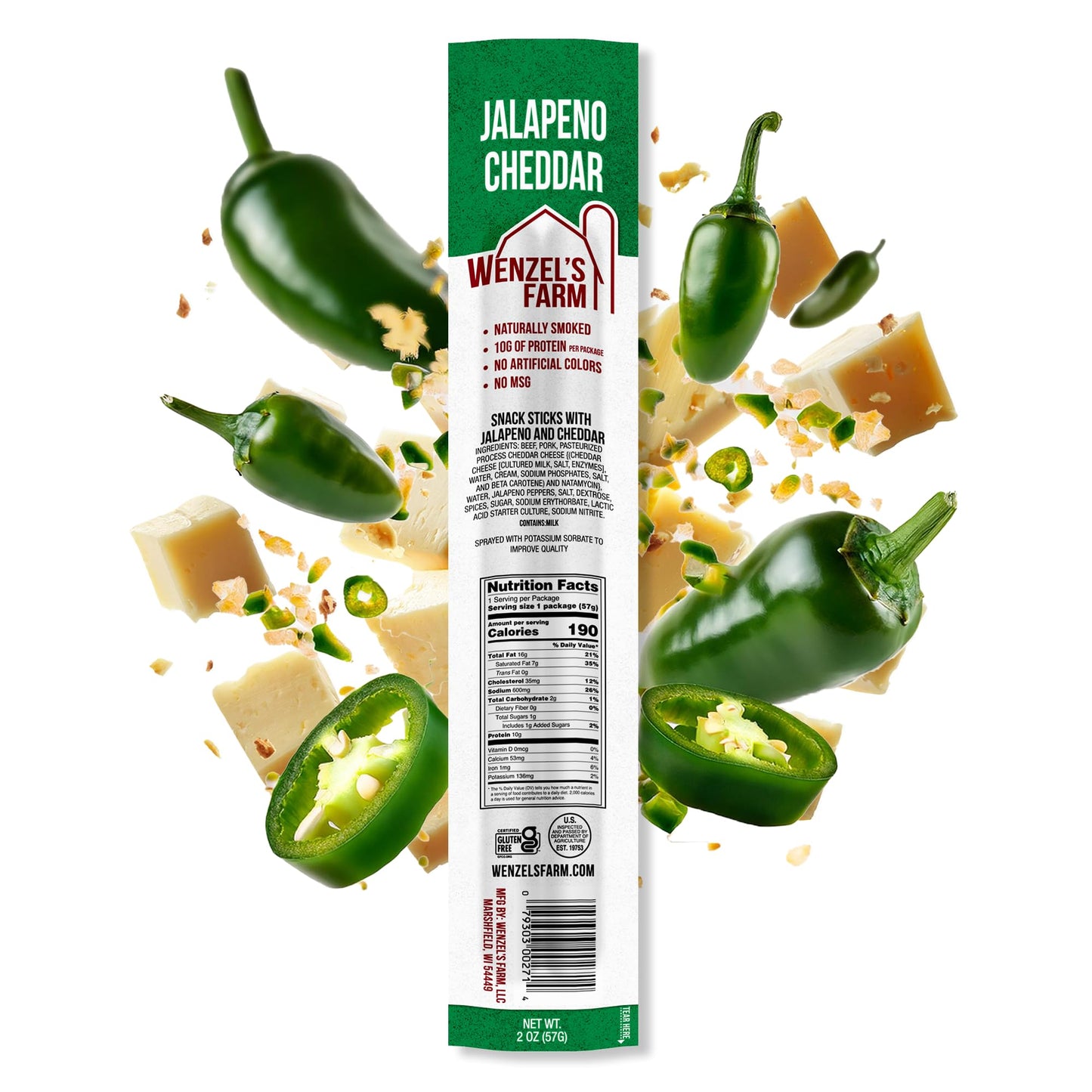 Wenzels Farm Jalapeno Cheddar Snack Sticks, Gluten Free, High Protein, 16 Count