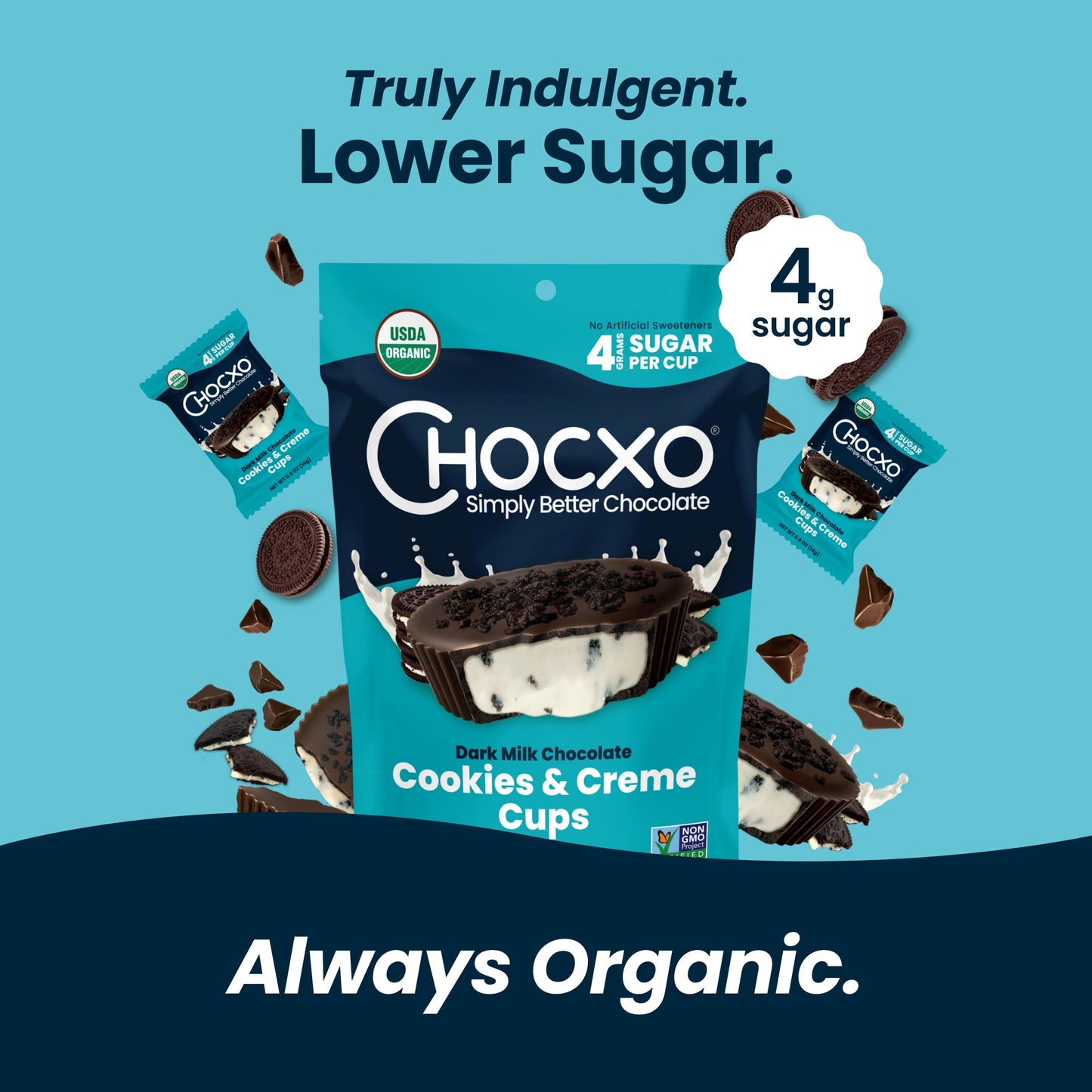 Chocxo Dark Milk Chocolate Cookies & Crème Cups - Lower Sugar, 69% Organic Cacao, Nongmo, Keto, Gluten Free, Kosher, No Artificial Sweeteners/Sugar  S, 3.45 Oz (Pack Of 6)