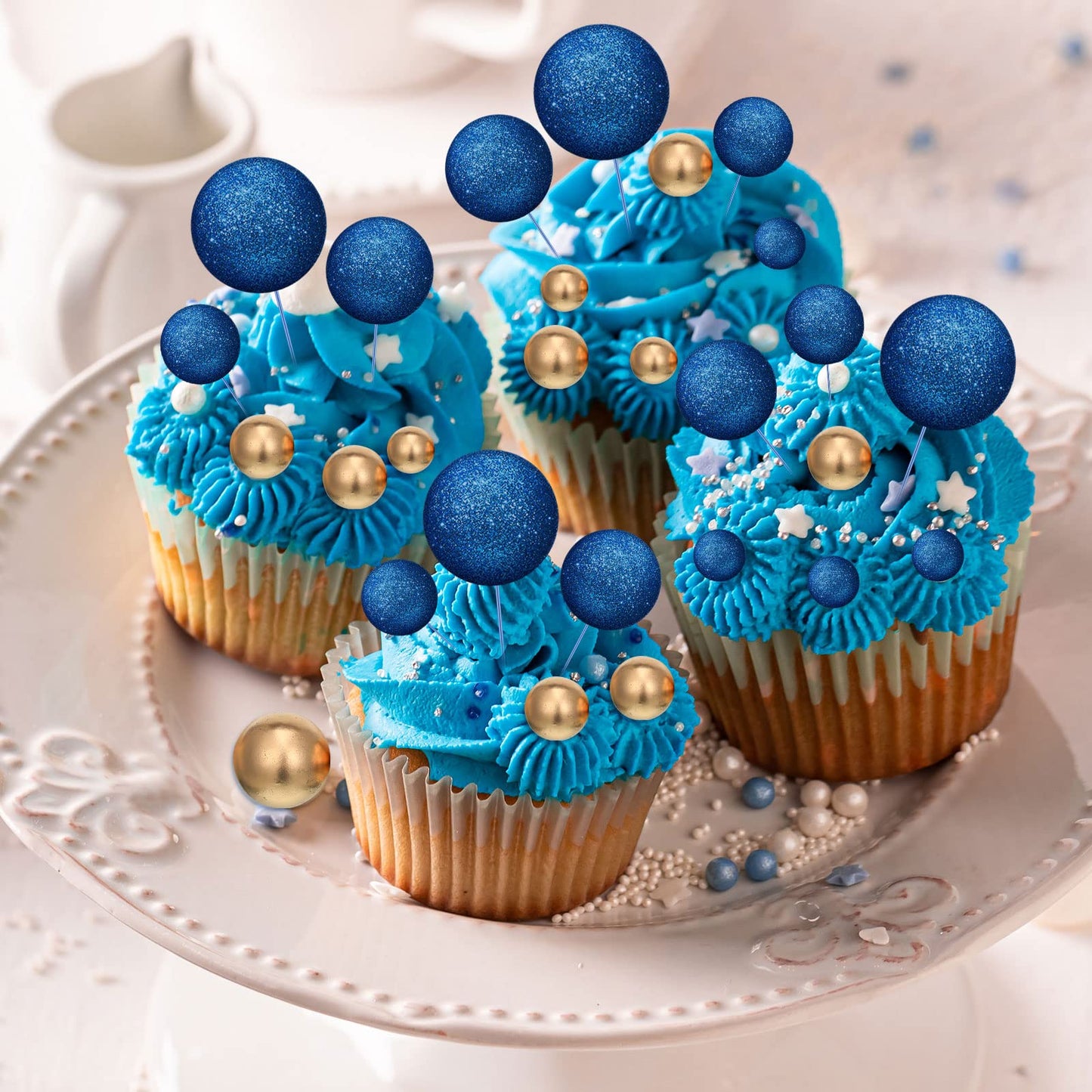 Tondiamo Foam Balloons Cake Topper Set, 108 Pcs for Weddings & Birthdays, Bright Blue & Gold, Multi Sizes, Model SD-Tondiamo-75220