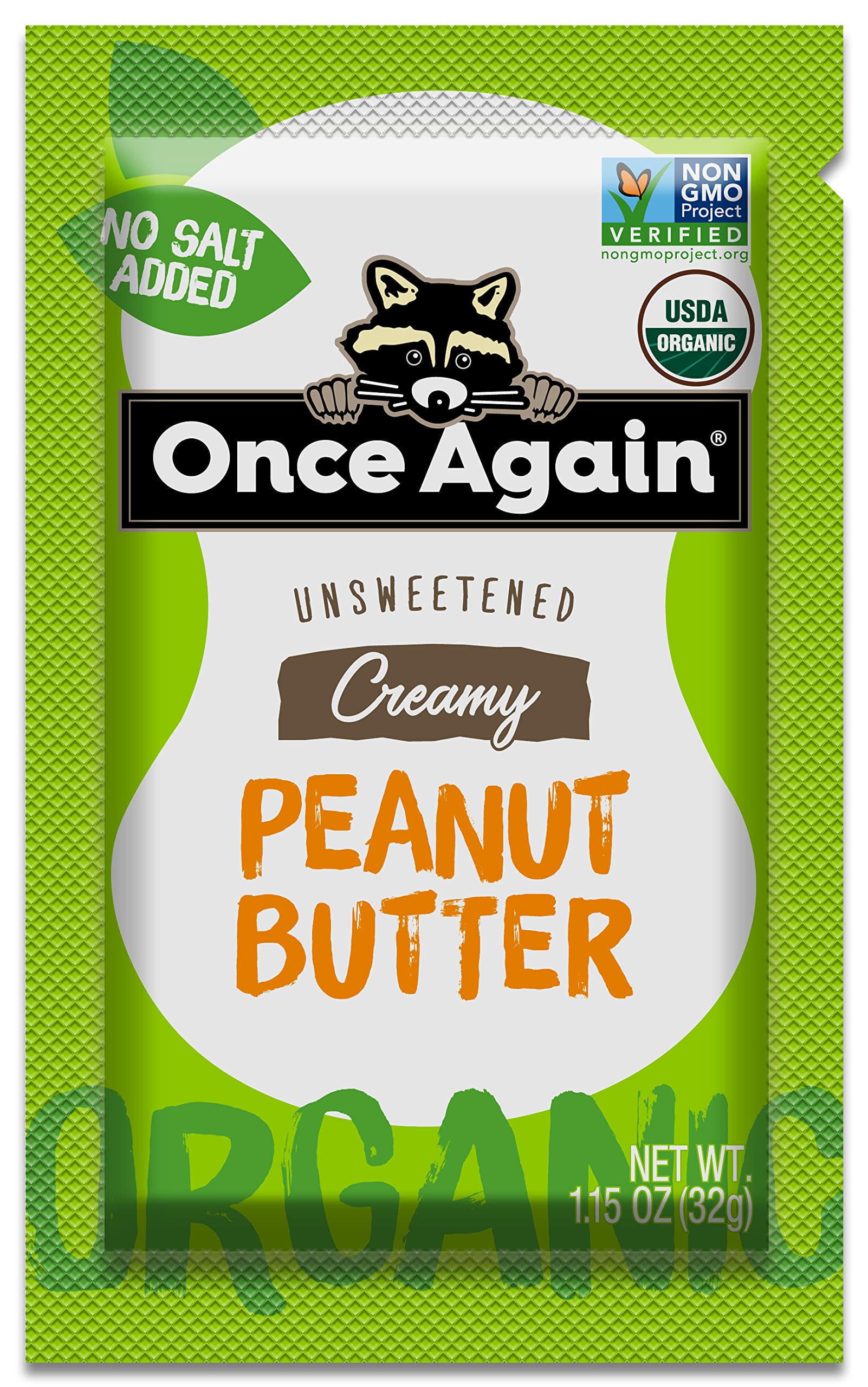 Once Again Organic creamy Peanut Butter - 1.15oz Squeeze Packs 10 count - Salt Free Unsweetened - USDA Organic gluten Free certi