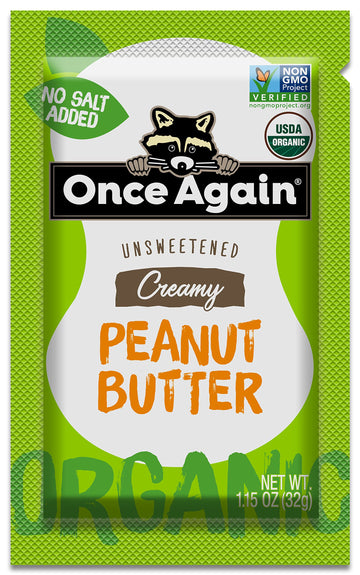 Once Again Organic creamy Peanut Butter - 1.15oz Squeeze Packs 10 count - Salt Free Unsweetened - USDA Organic gluten Free certi