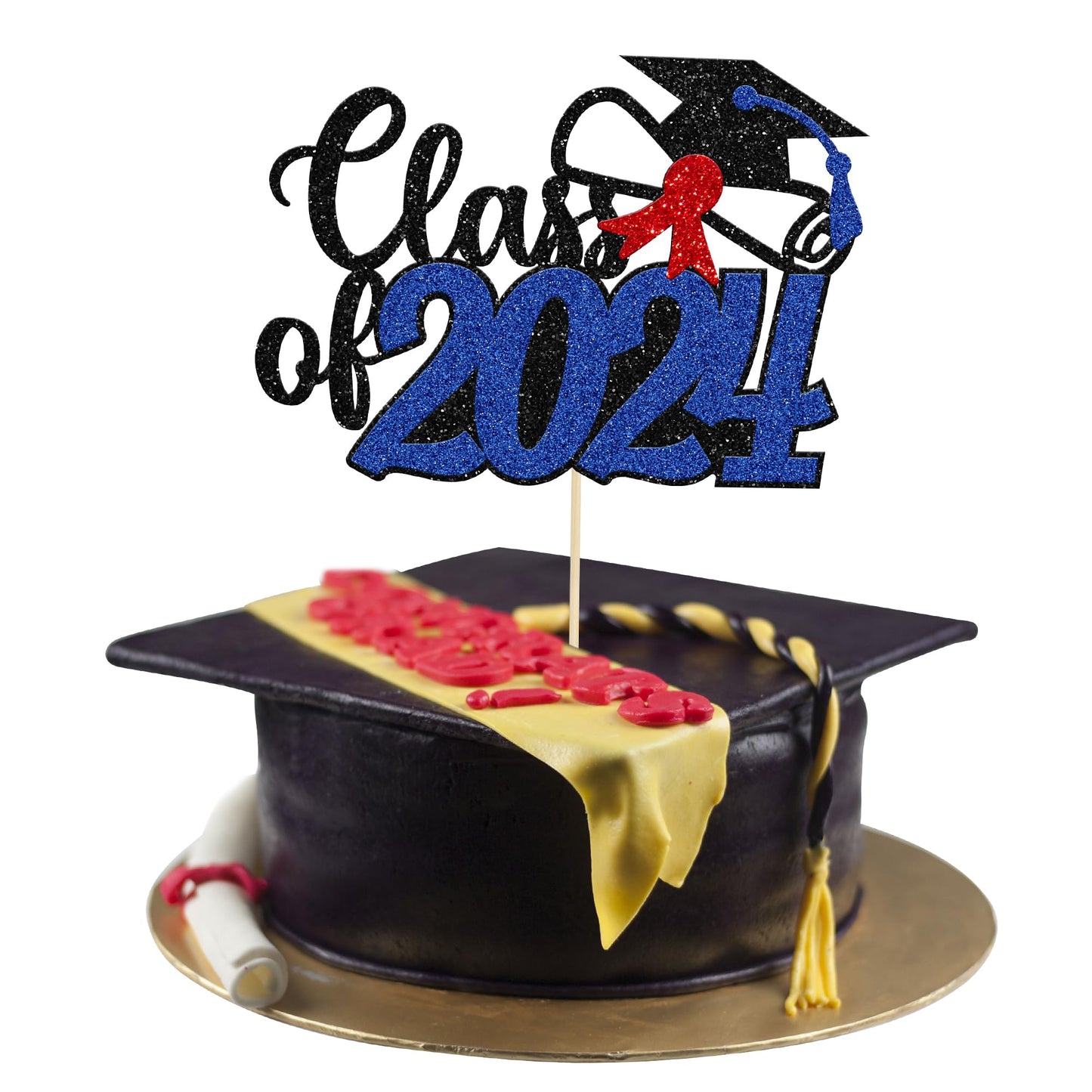 Gyufise 1Pcs Blue Glitter Class Of 2024 Cake Topper Happy Graduation Diploma Cap Cake Decoration Congrats Grad Party Decorations