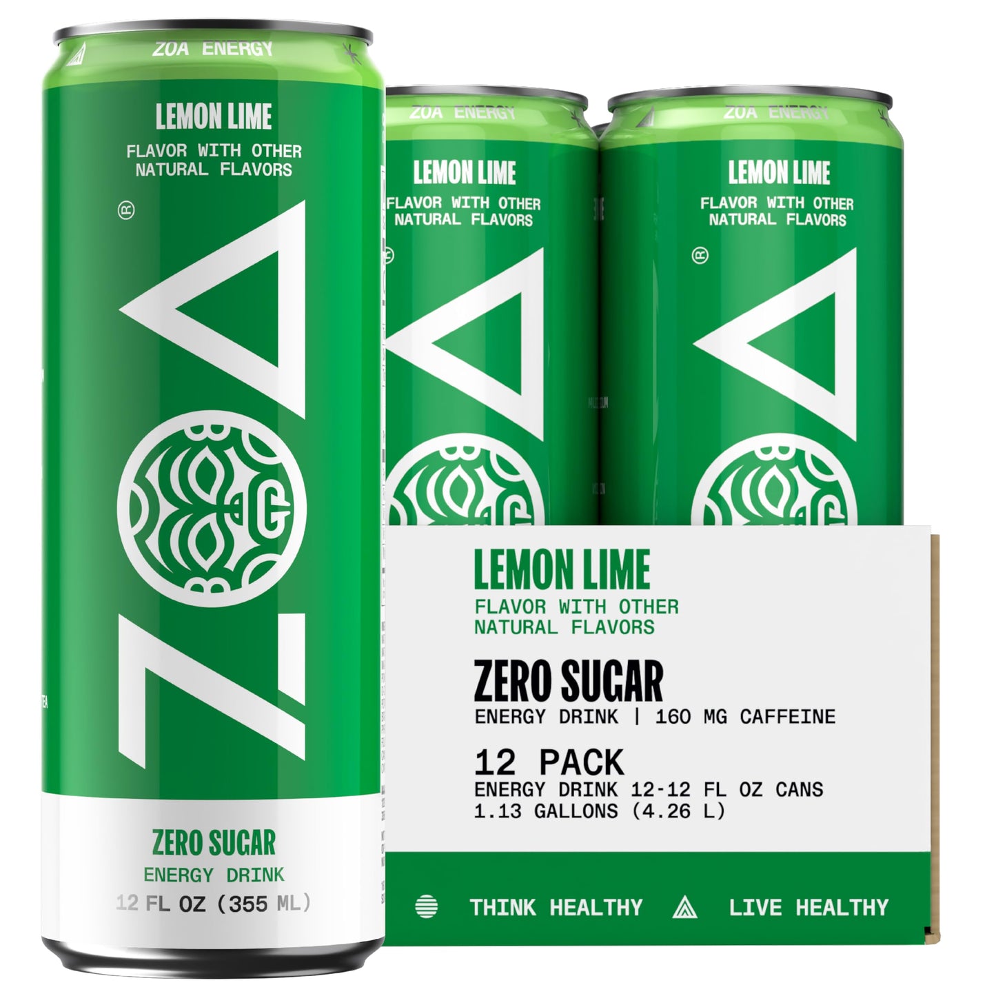ZOA Energy Sugar Free Energy Drinks with Electrolytes, Lemon Lime, 12 Fl Oz (12-Pack)
