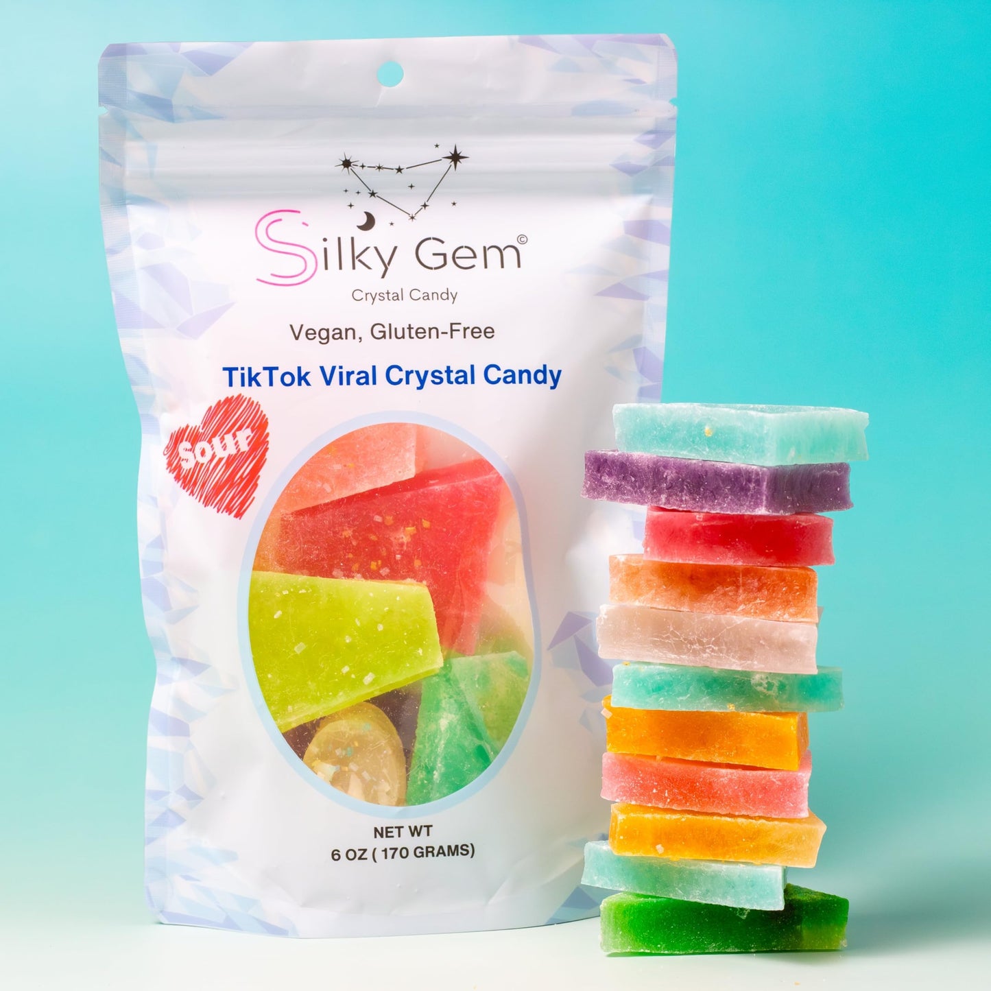Silky Gem Sour Bites - Mini Crystal Candy with Pixie Sour Sparkle - Crunchy Outside  Soft Inside - Tangy & Sweet Treat - Vegan  Gluten-Free  Nut-Free - 6 oz Bag