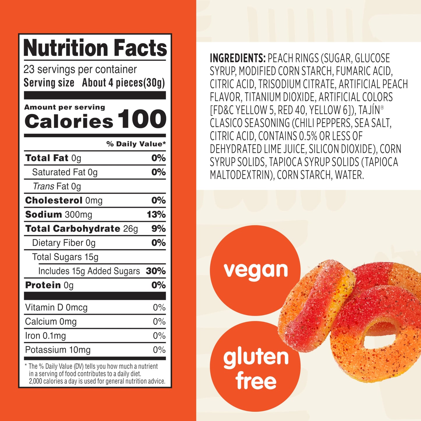 Snak Club Tajin Peach Rings Gummy Candy  Fruit Candy Gummies with Chili and Lime Seasoning  Mild  Gluten-Free and Vegan Snacks  24 oz Resealable Bag