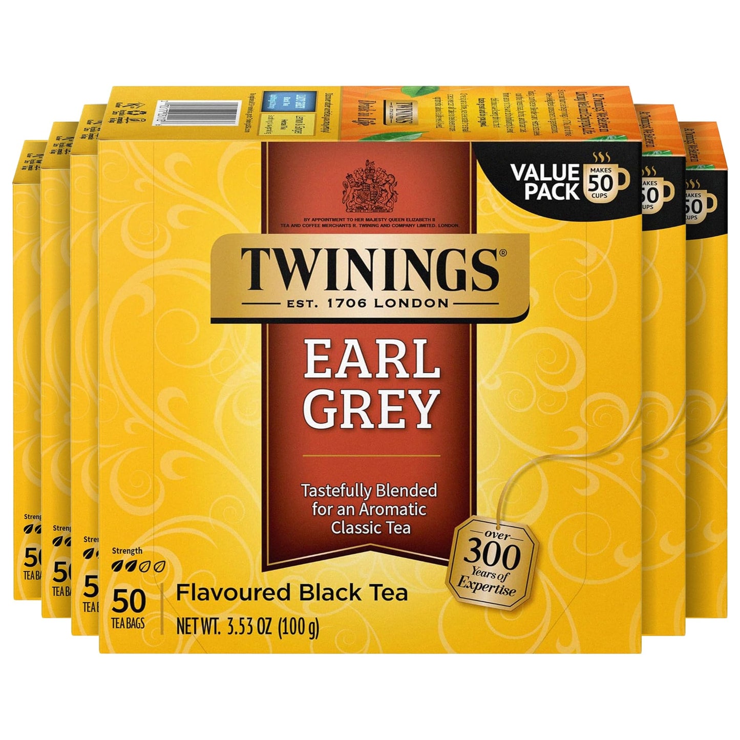 Twinings Earl Grey Black Tea Individually Wrapped Bags, 50 Count (Pack of 6), Flavoured with Citrus and Bergamot, Caffeinated, E