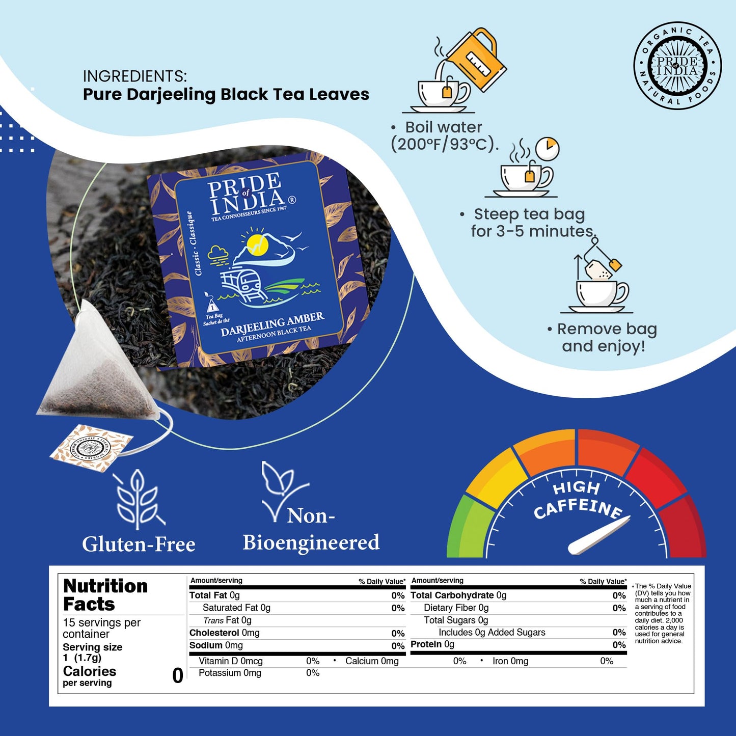 Pride Of India | Darjeeling Amber: Afternoon Black Tea | 15 Pyramid Full Leaf Individually Wrapped Tea Bags | Smooth, Musky, Flowery Flavor| Single Estate Certified Classic Tea