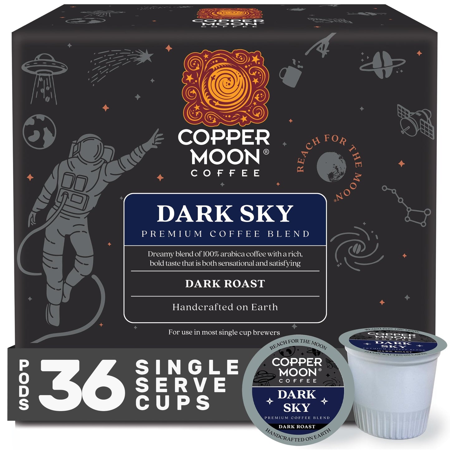 Copper Moon Dark Roast Coffee Pods for Keurig, Dark Sky Blend, 36 Count