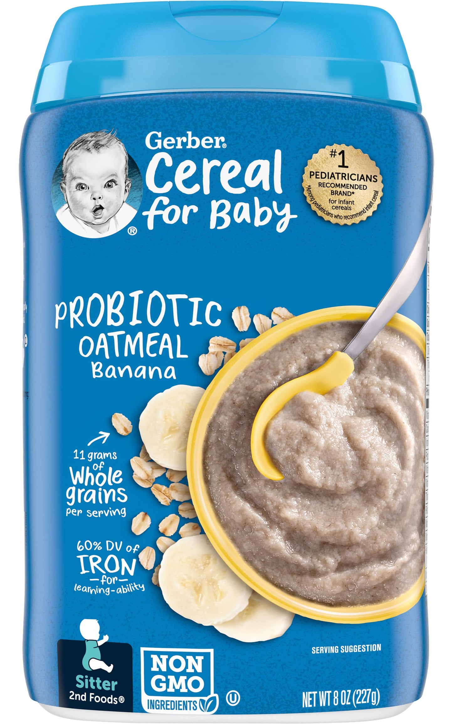 Gerber Cereal for Baby 2nd Foods, Probiotic Oatmeal Banana, Made with Whole Grains, Real Fruit & Probiotics, 8-Ounce Canister (P