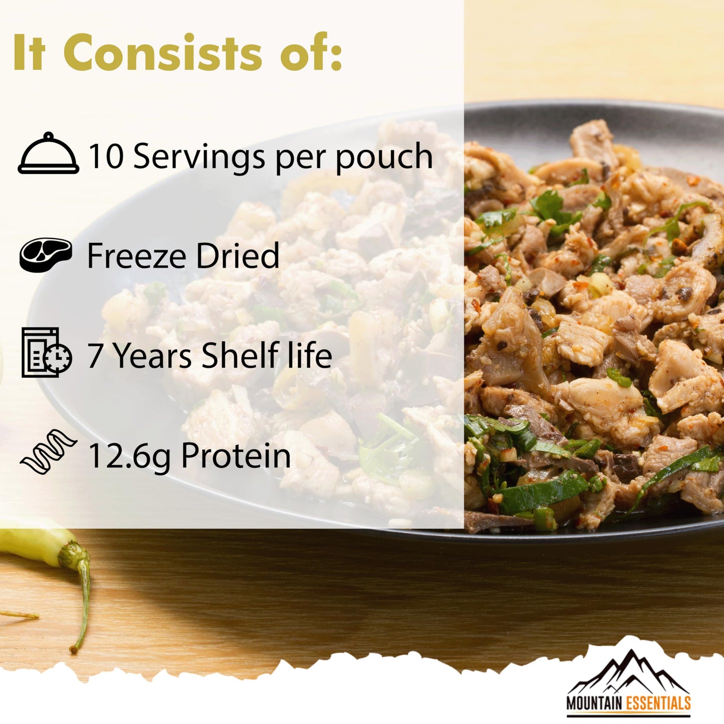 Mountain Essentials Freeze-Dried Shredded Pork – Fully Cooked, Ready-To-Eat Meat | 10 Servings Per Pouch | 7-Year Shelf Life | Ideal For Daily Meals, Camping, Emergency Preparedness & Survival | Made In Usa | Pack Of 1