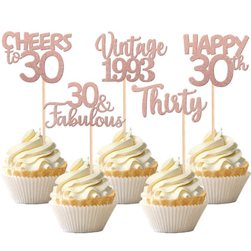 30Pcs Vintage 1993 Cupcake Toppers Glitter Thirty 30 Fabulous Happy 30Th Birthday Cupcake Picks Cheers To 30 Years For 30Th Birt