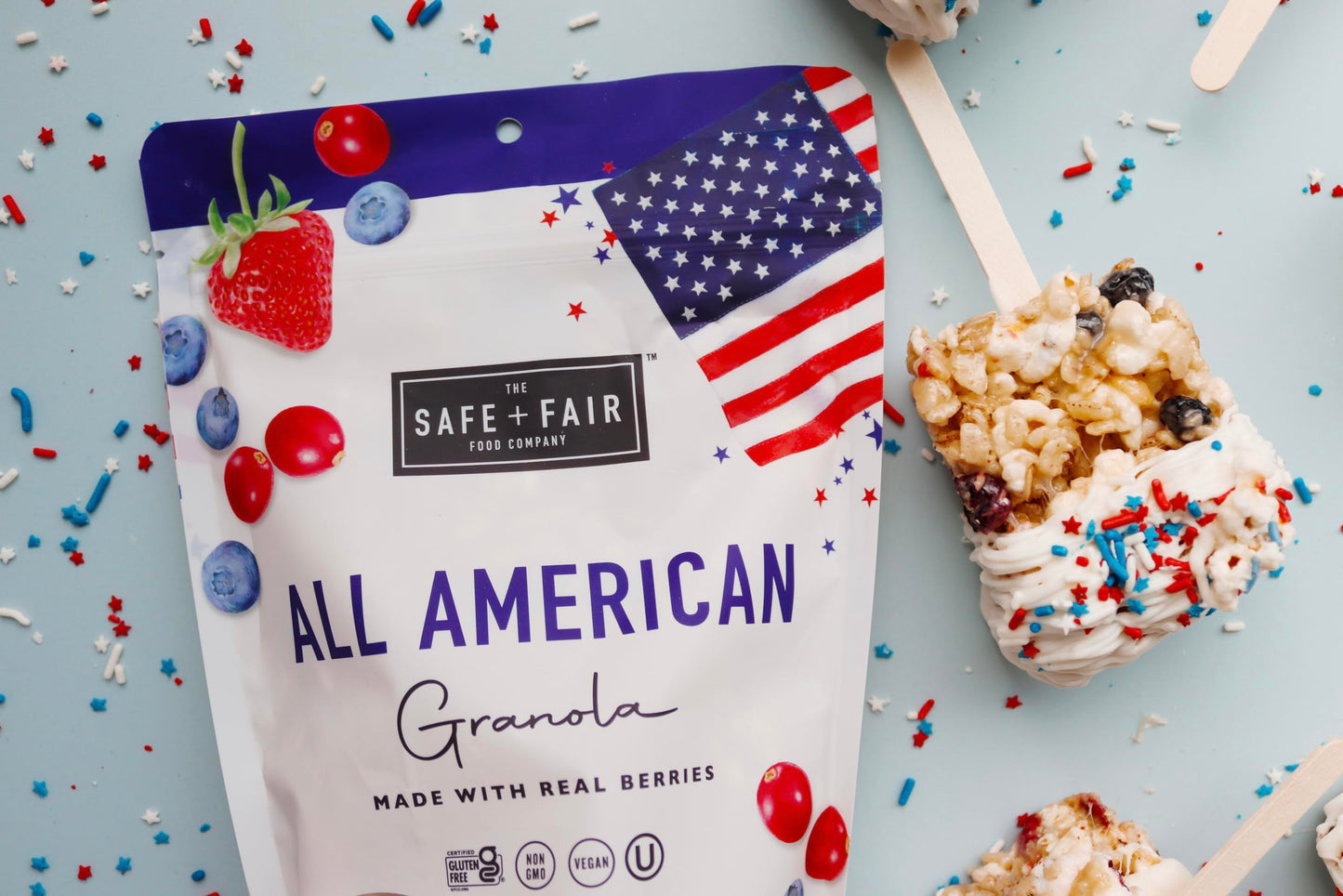 Safe + Fair All American Granola – Gluten-Free & Vegan Snack – Whole Grain Oats With Real Strawberries, Blueberries, And Cranberries – Non-Gmo, Kosher, No Preservatives - 12Oz