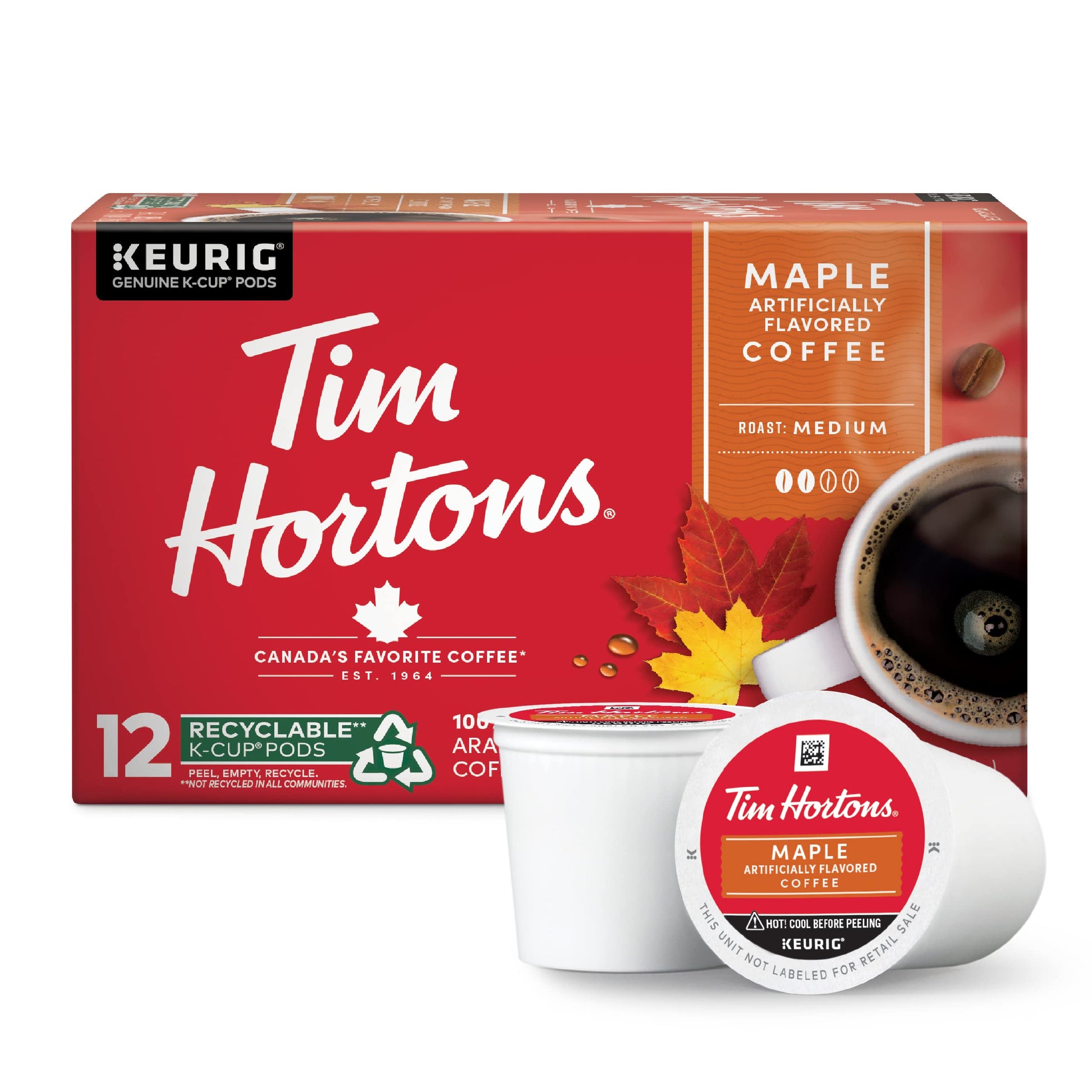 Tim Hortons Maple Flavored Coffee K-Cup Pods, 12 Count, Red, Compatible with Keurig Brewers