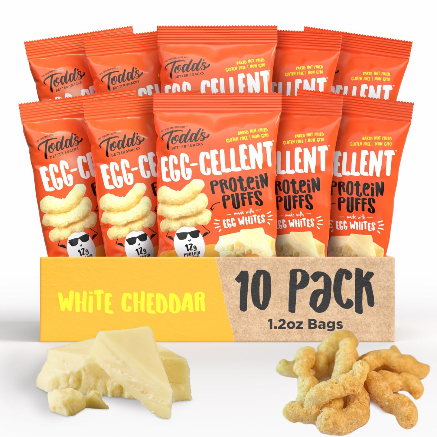 Todds Better Snacks Egg-Cellent High Protein Puffs - White Cheddar, 12g Protein, Gluten Free Paleo Snack, Baked Not Fried, GLP-1