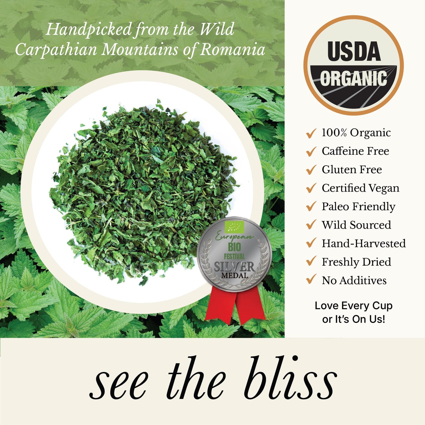 Wild Bliss Organic Wild Stinging Nettle Leaf Tea - Caffeine Free Herbal Tea - 25 Servings - Loose Leaf - 1.76 Oz