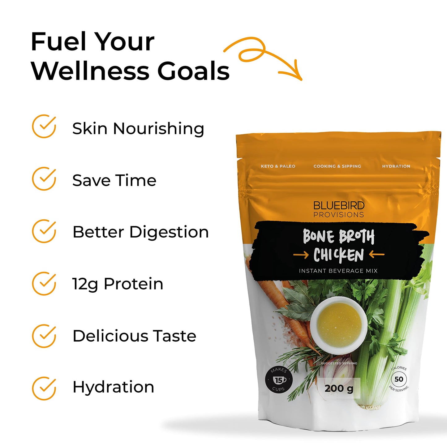 BLUEBIRD PROVISIONS Bone Broth Powder - Natural Chicken Flavor, 7.05 oz Pack - Gut-Healing, Zero Additives, With Natural Electrolytes