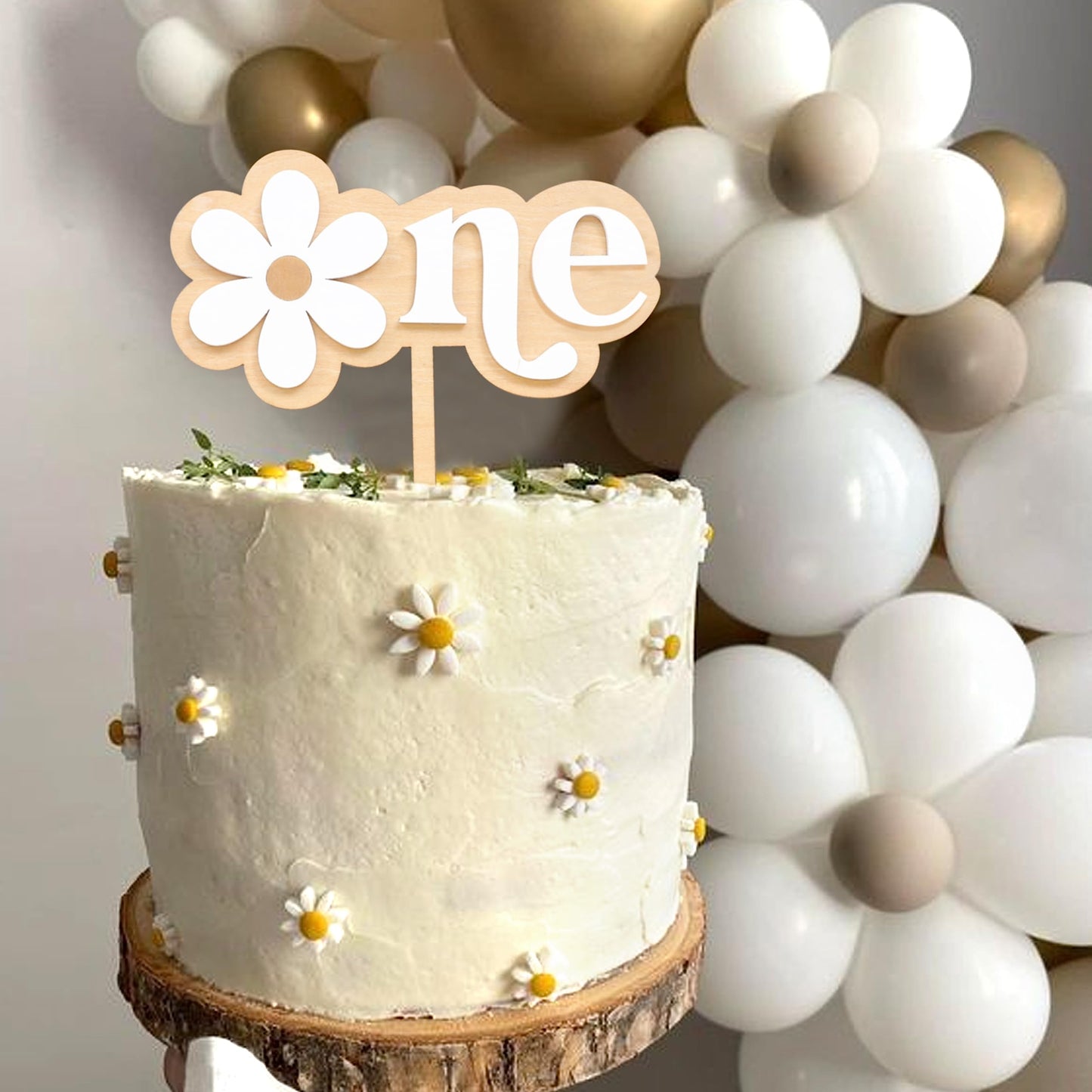 MAMUXI Wooden Daisy Cake Topper - First Birthday Decoration, Natural Birch, Retro Boho Style, Daisy One Design