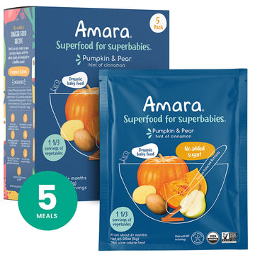 Amara Organic Baby Food - Stage 2 - Pumpkin Pear - Baby Cereal To Mix With Breastmilk, Water Or Baby Formula - Shelf Stable Baby Food Made From Organic Fruit And Veggies - 5 Pouches, 3Oz Per Serving